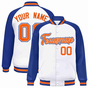 Veste Letterman Varsity Full-Snap à manches raglan blanc-orange-blanc personnalisée