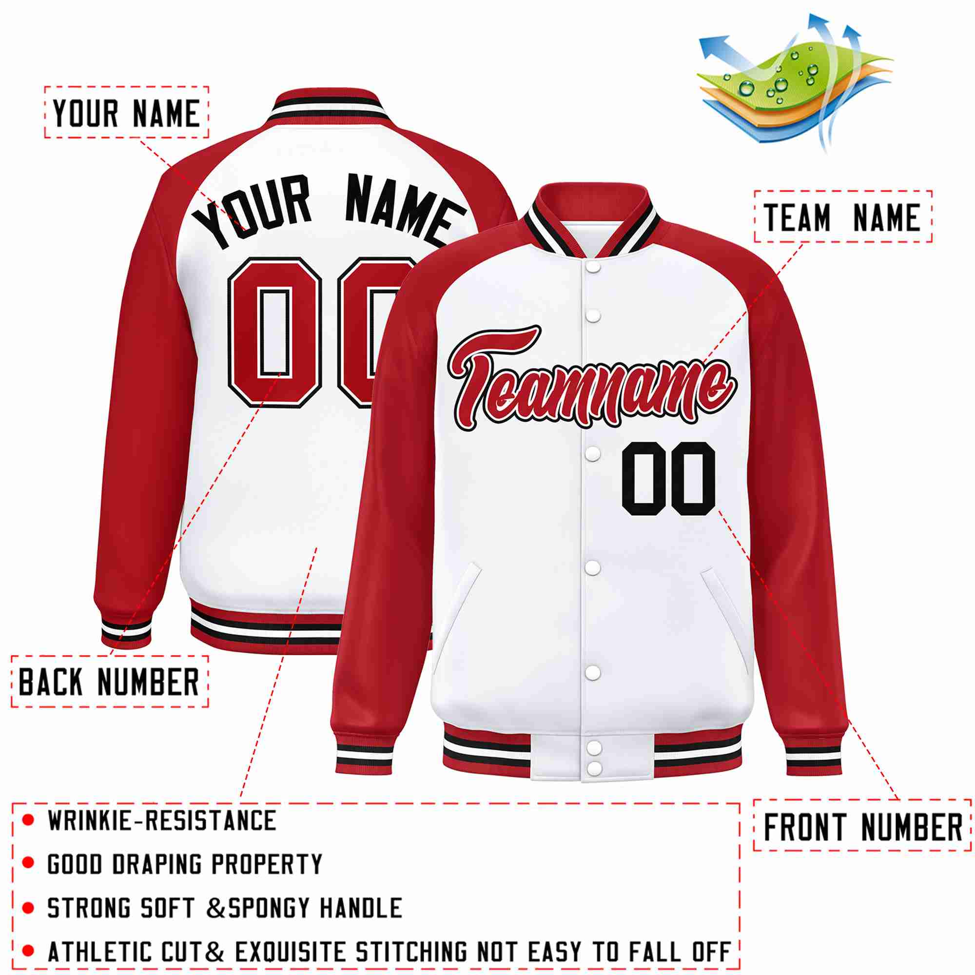 Custom White Red-White Raglan Sleeves Varsity Full-Snap Letterman Jacket