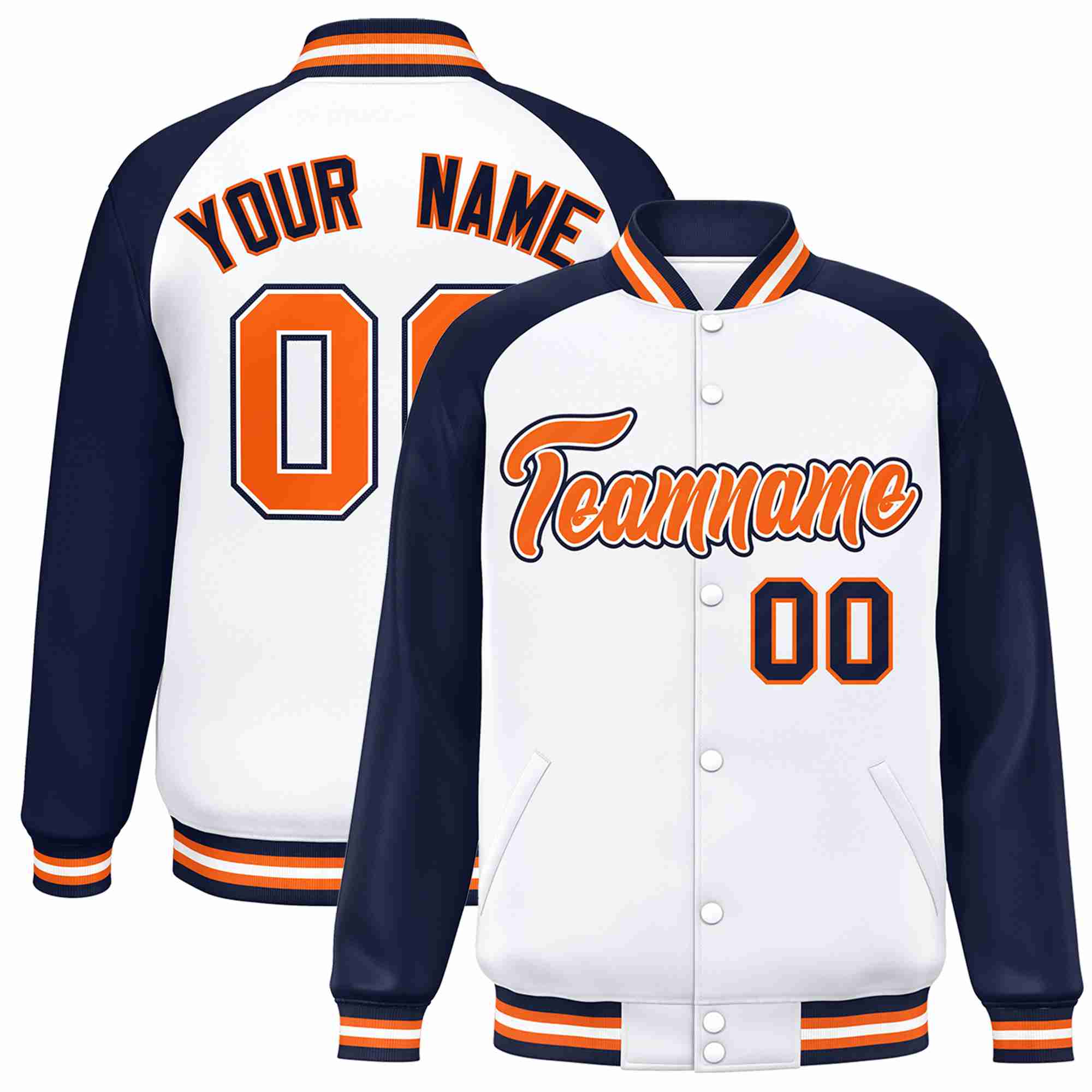 Veste Letterman Varsity Full-Snap à manches raglan blanc-orange-blanc personnalisée