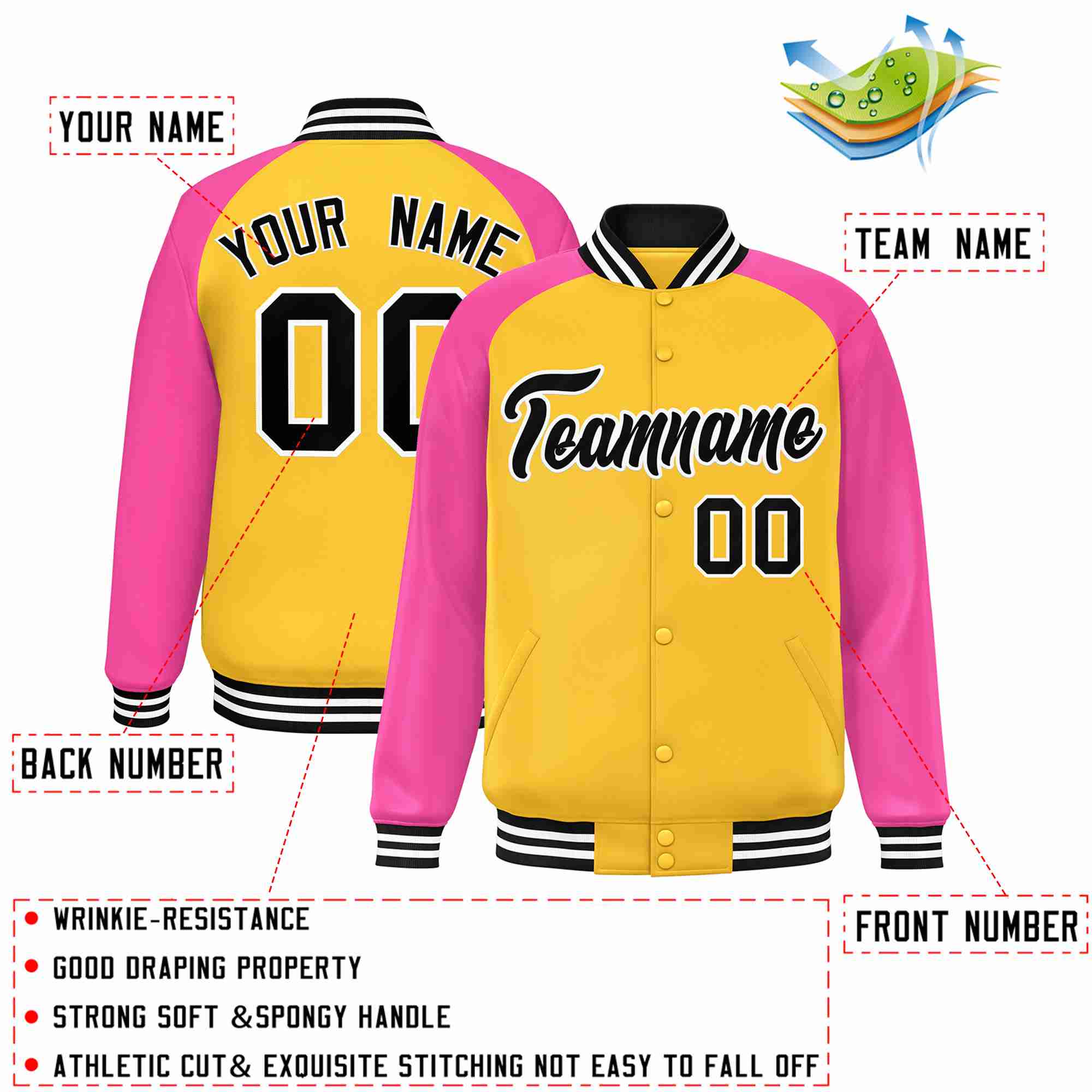 Custom Gold Black-White Raglan Sleeves Varsity Full-Snap Letterman Jacket