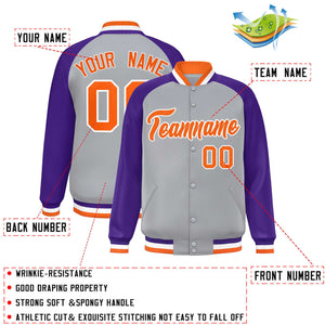 Veste Letterman Varsity Full-Snap à manches raglan gris orange-blanc personnalisée