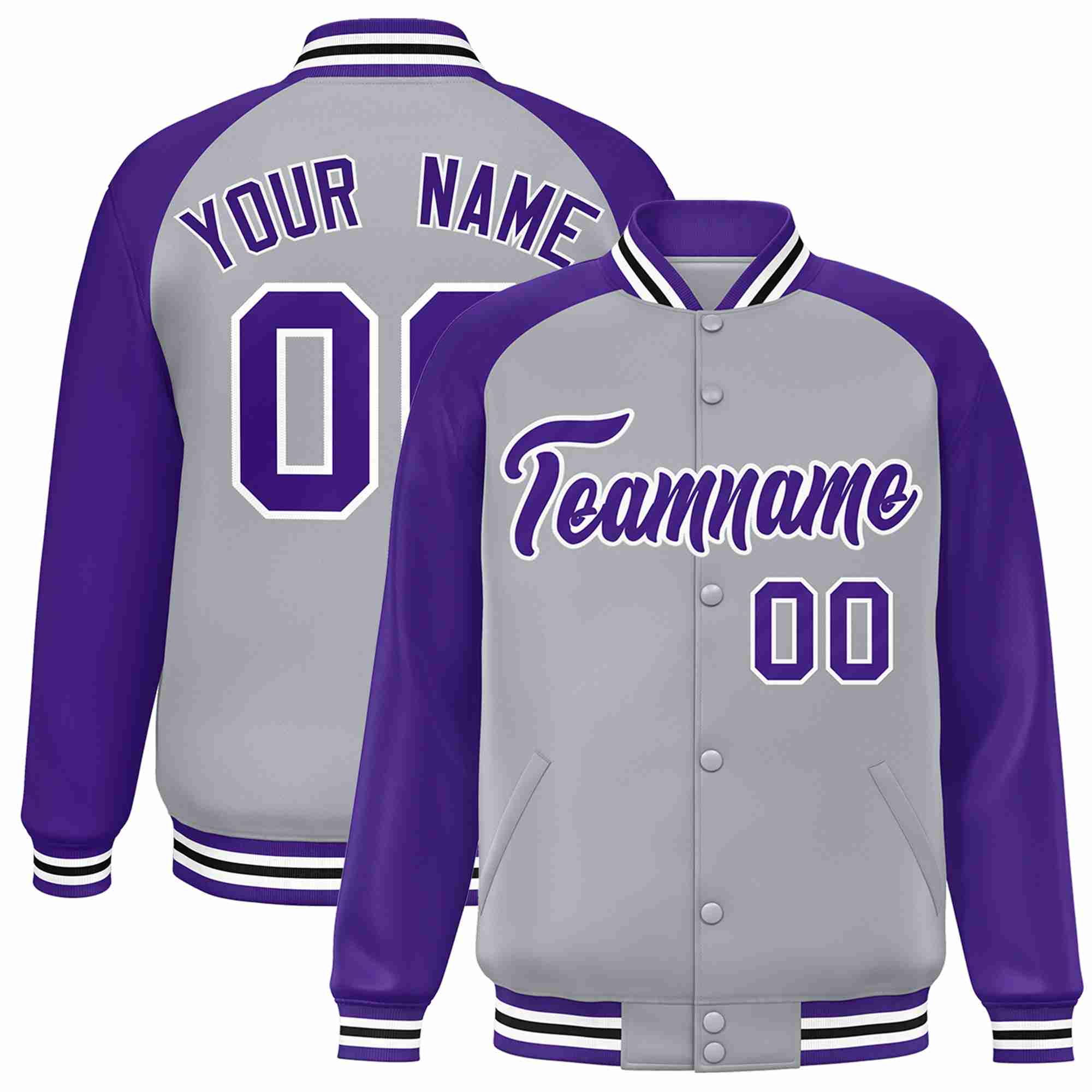 Veste Letterman Varsity Full-Snap à manches raglan gris violet-blanc personnalisée