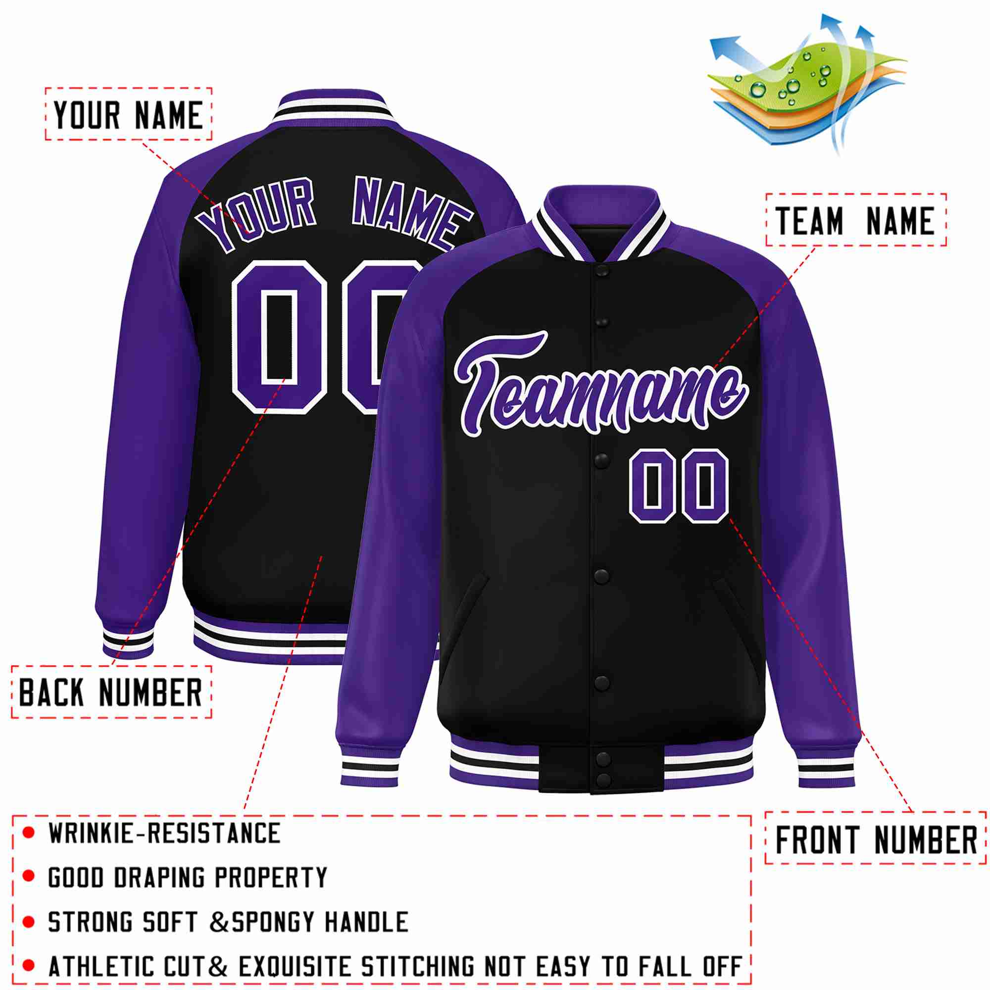 Custom Black Purple-White Raglan Sleeves Varsity Full-Snap Letterman Jacket