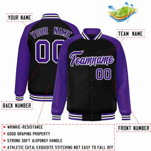 Custom Black Purple-White Raglan Sleeves Varsity Full-Snap Letterman Jacket