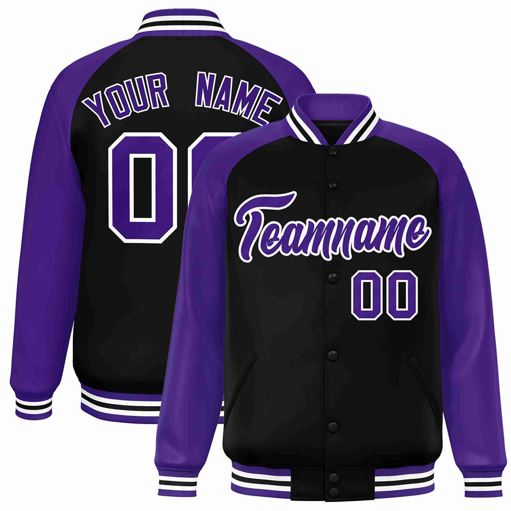 Veste Letterman Varsity Full-Snap à manches raglan personnalisées noir violet-blanc