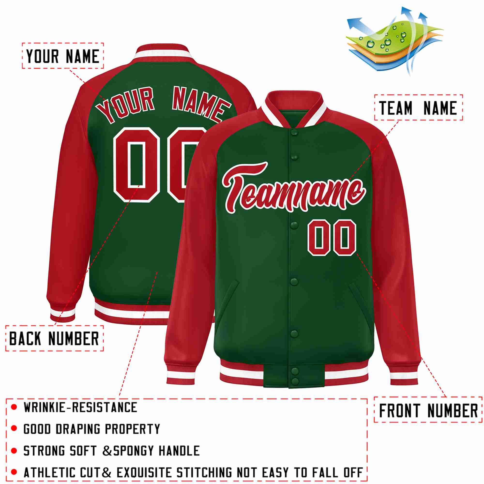 Veste Letterman Varsity Full-Snap à manches raglan personnalisées vert rouge-blanc