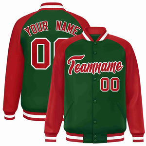 Custom Green Red-White Raglan Sleeves Varsity Full-Snap Letterman Jacket