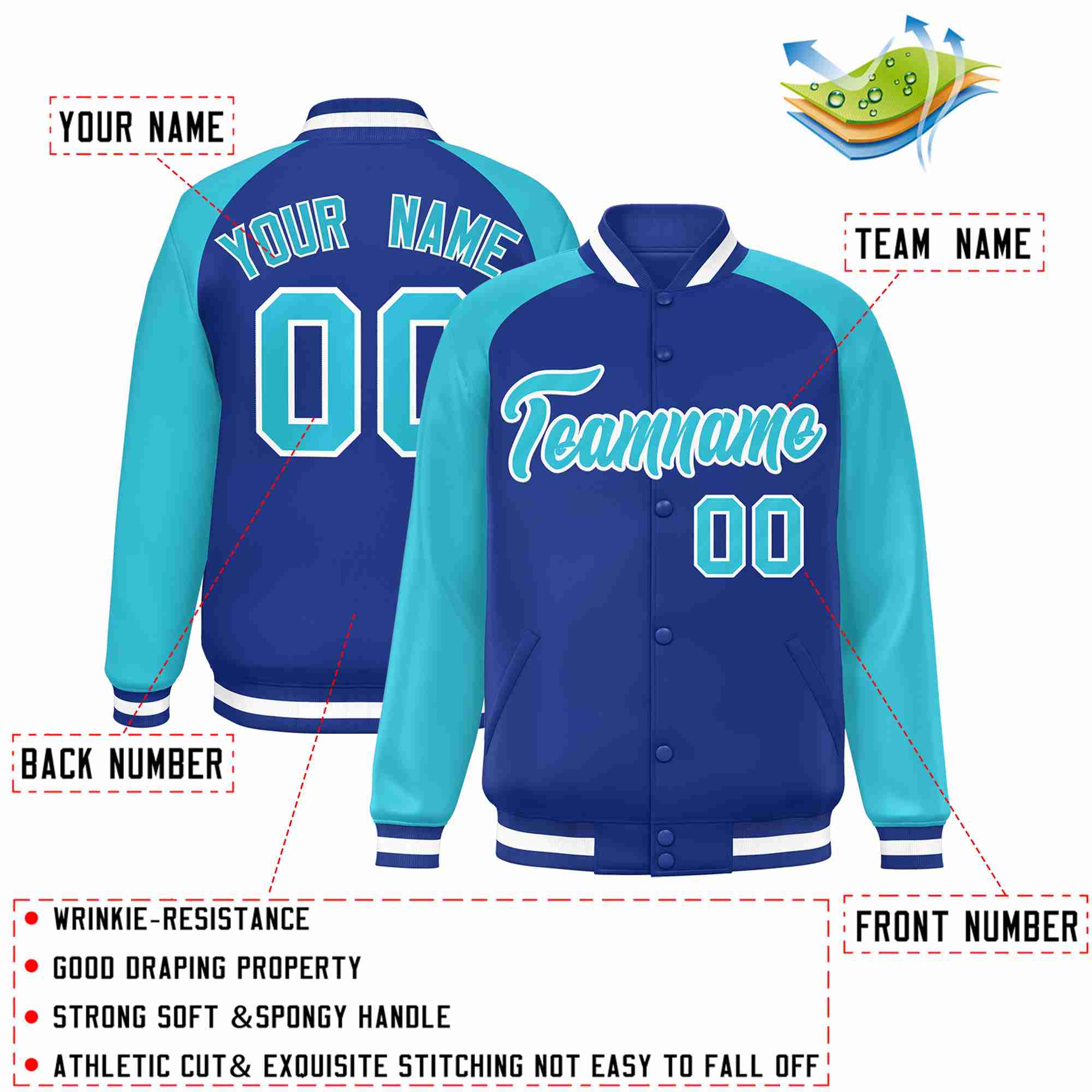 Veste Letterman Varsity à manches raglan Royal Royal-White personnalisée