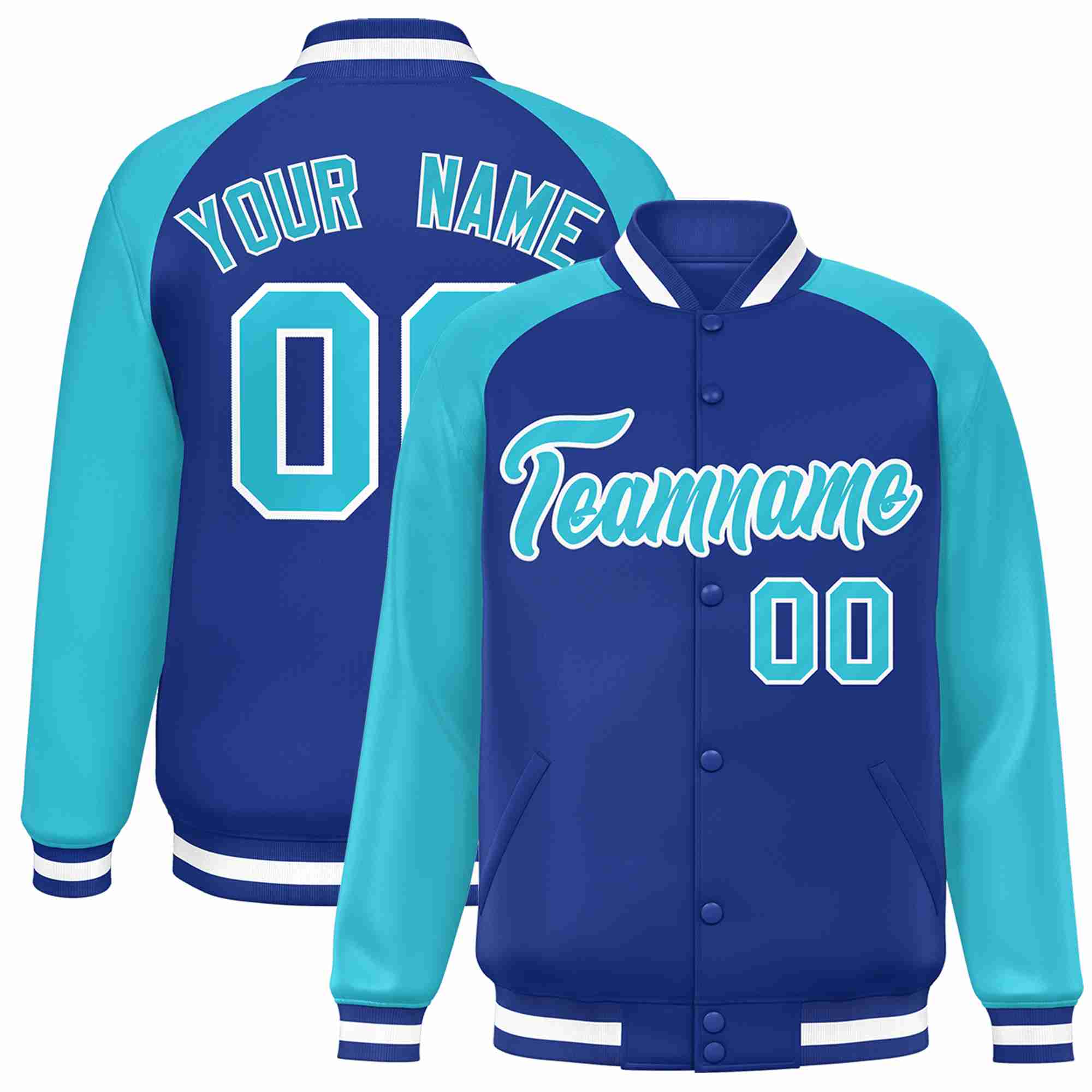 Custom Royal Royal-White Raglan Sleeves Varsity Full-Snap Letterman Jacket