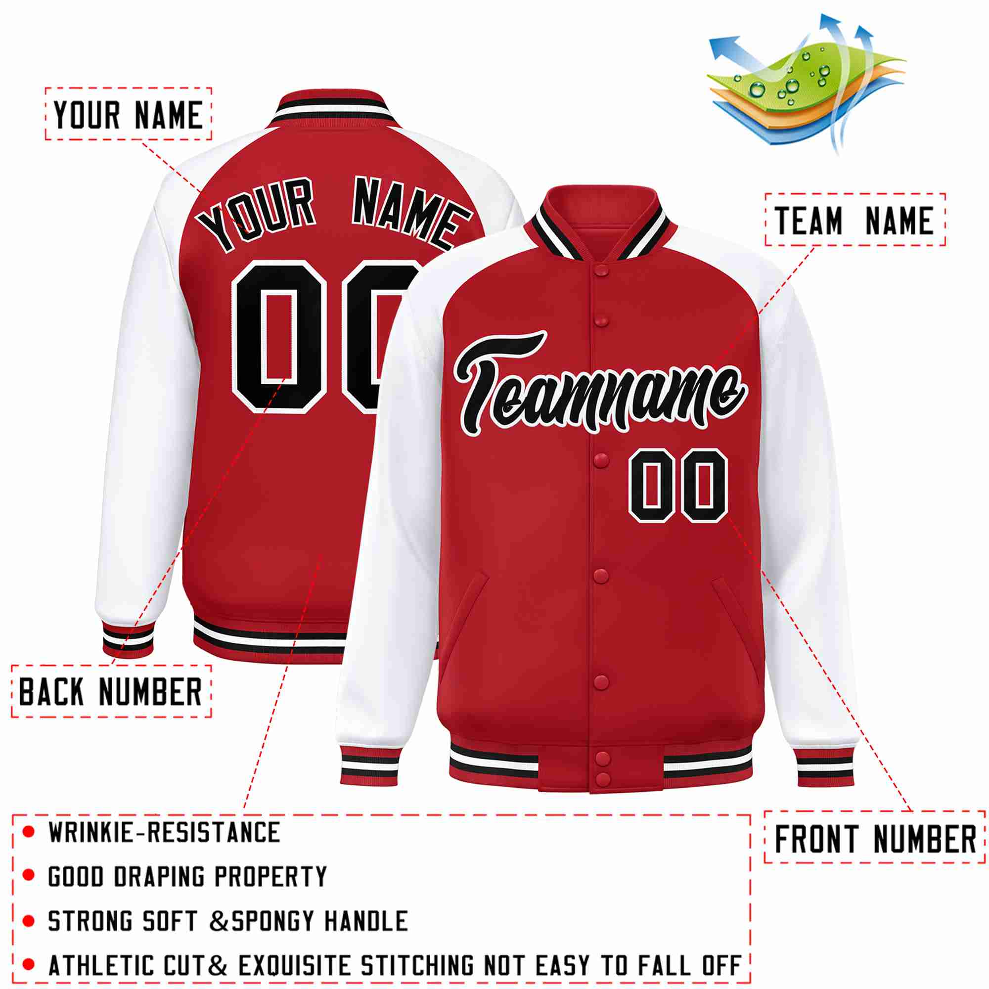 Custom Red Black-White Raglan Sleeves Varsity Full-Snap Letterman Jacket