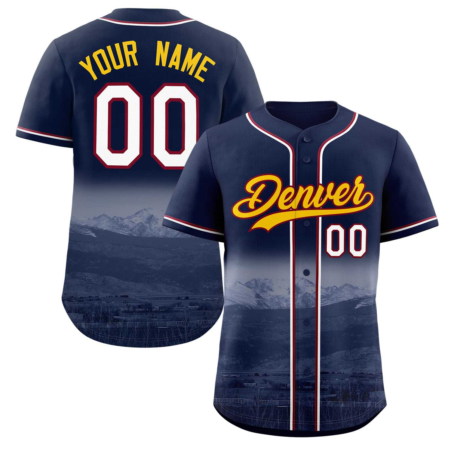 Maillot de baseball Denver City Connect personnalisé bleu marine jaune-cramoisi