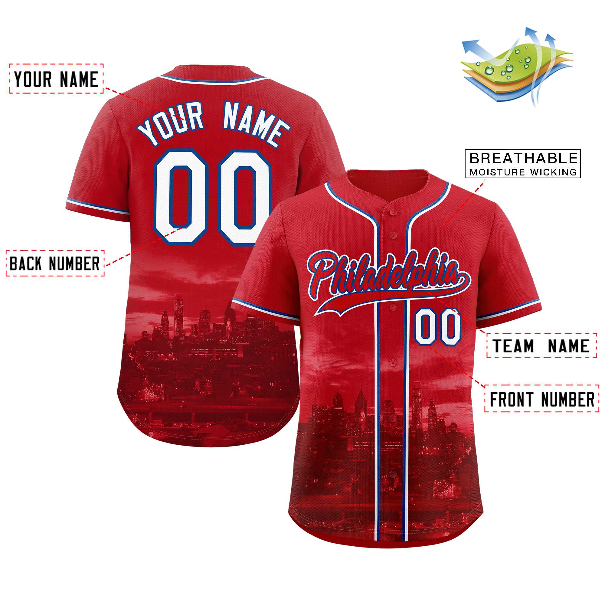 Maillot de baseball personnalisé rouge-Royal Philadelphia City Connect