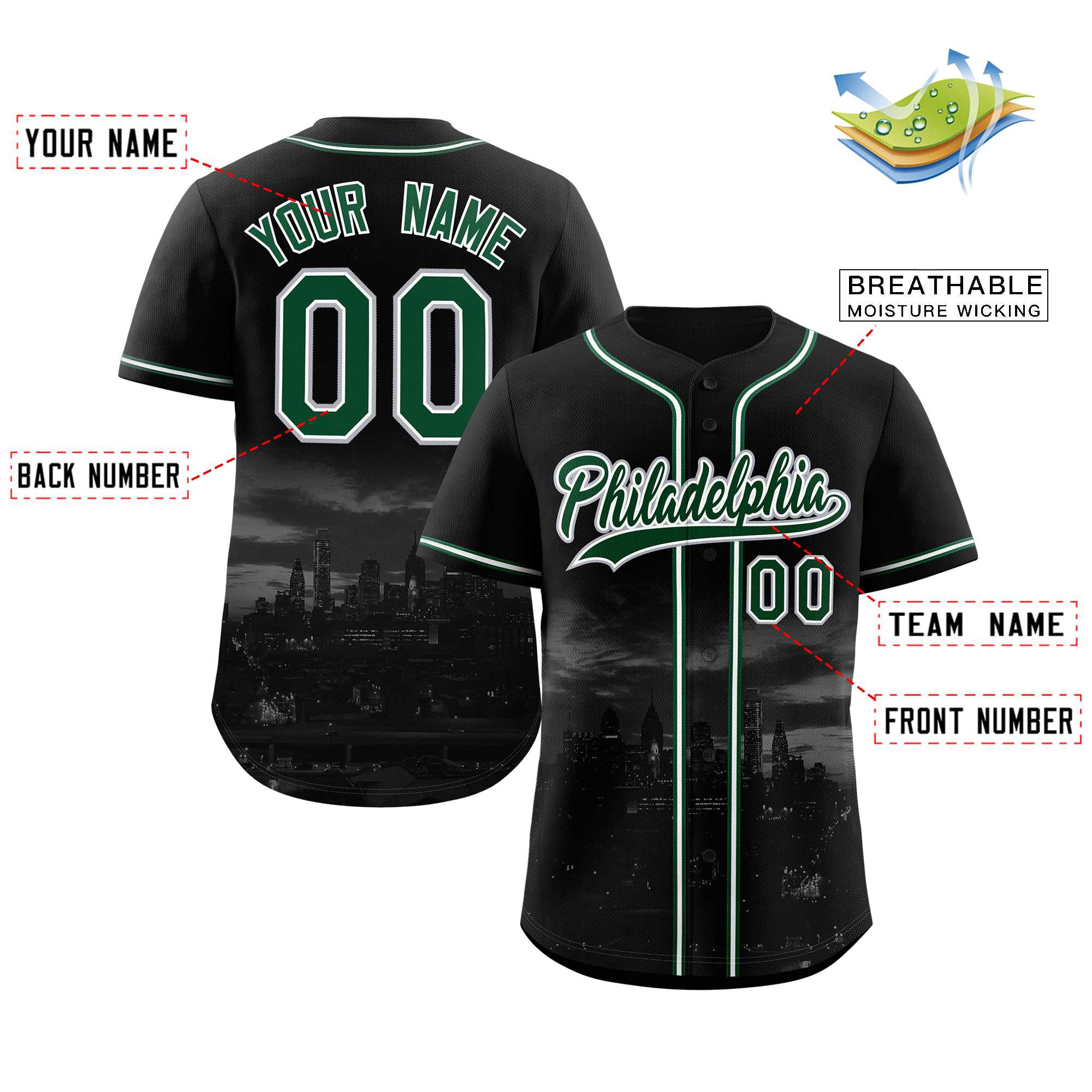 Custom Black Green-White Philadelphia City Connect Baseball Jersey