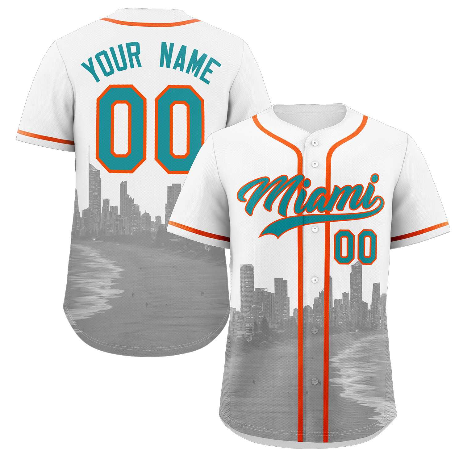 Custom White Aqua-Orange Miami City Connect Baseball Jersey