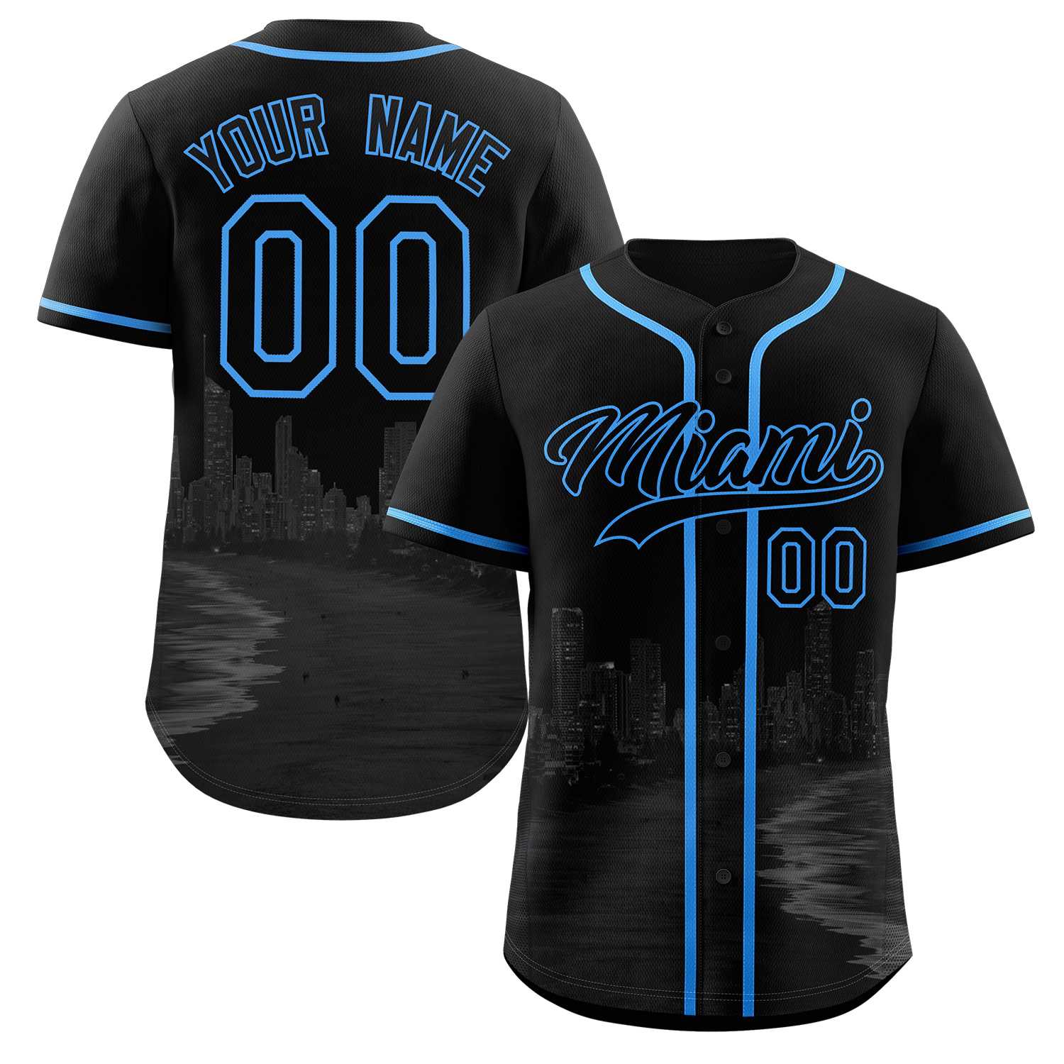 Maillot de baseball personnalisé noir noir-bleu poudre Miami City Connect