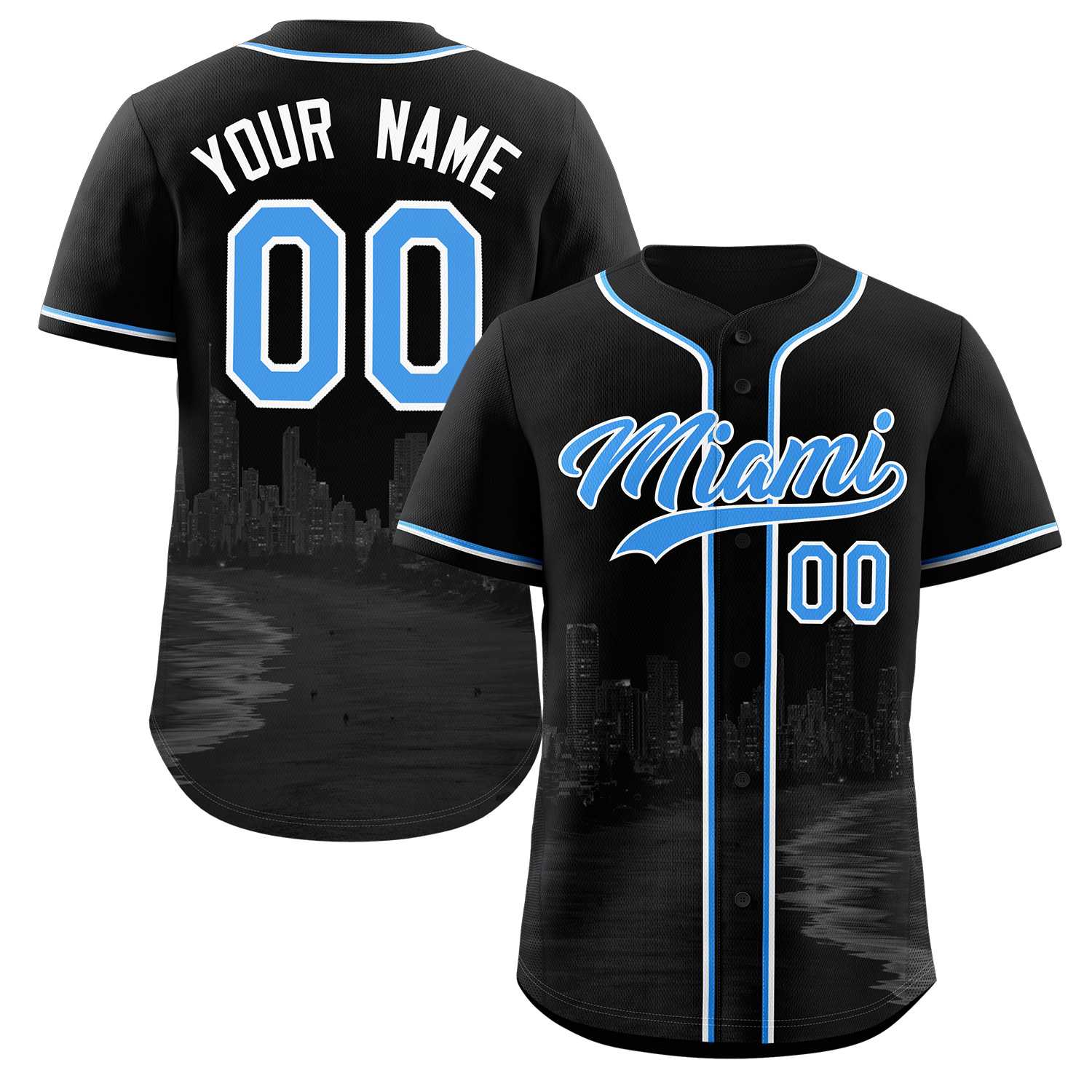 Maillot de baseball personnalisé Miami City Connect bleu poudre noir-blanc