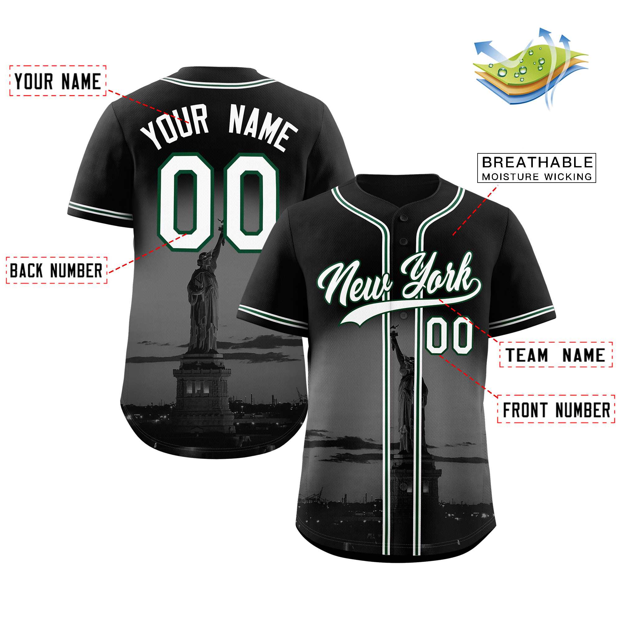 Custom Black White-Green New York City Connect Baseball Jersey