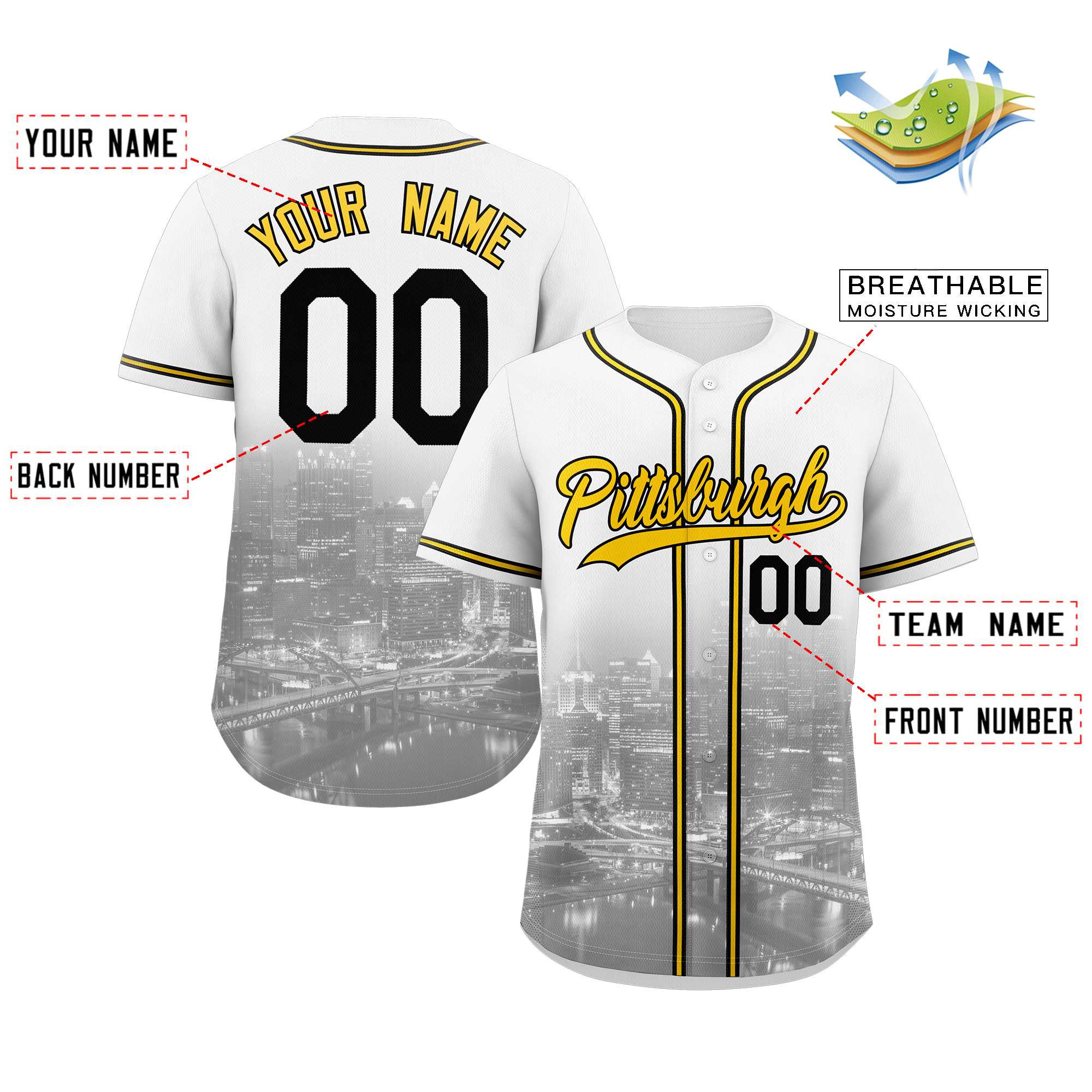 Custom White Yellow-Black Pittsburgh City Connect Baseball Jersey