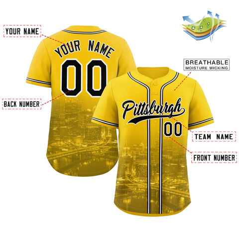 Custom Yellow Black-White Pittsburgh City Connect Baseball Jersey