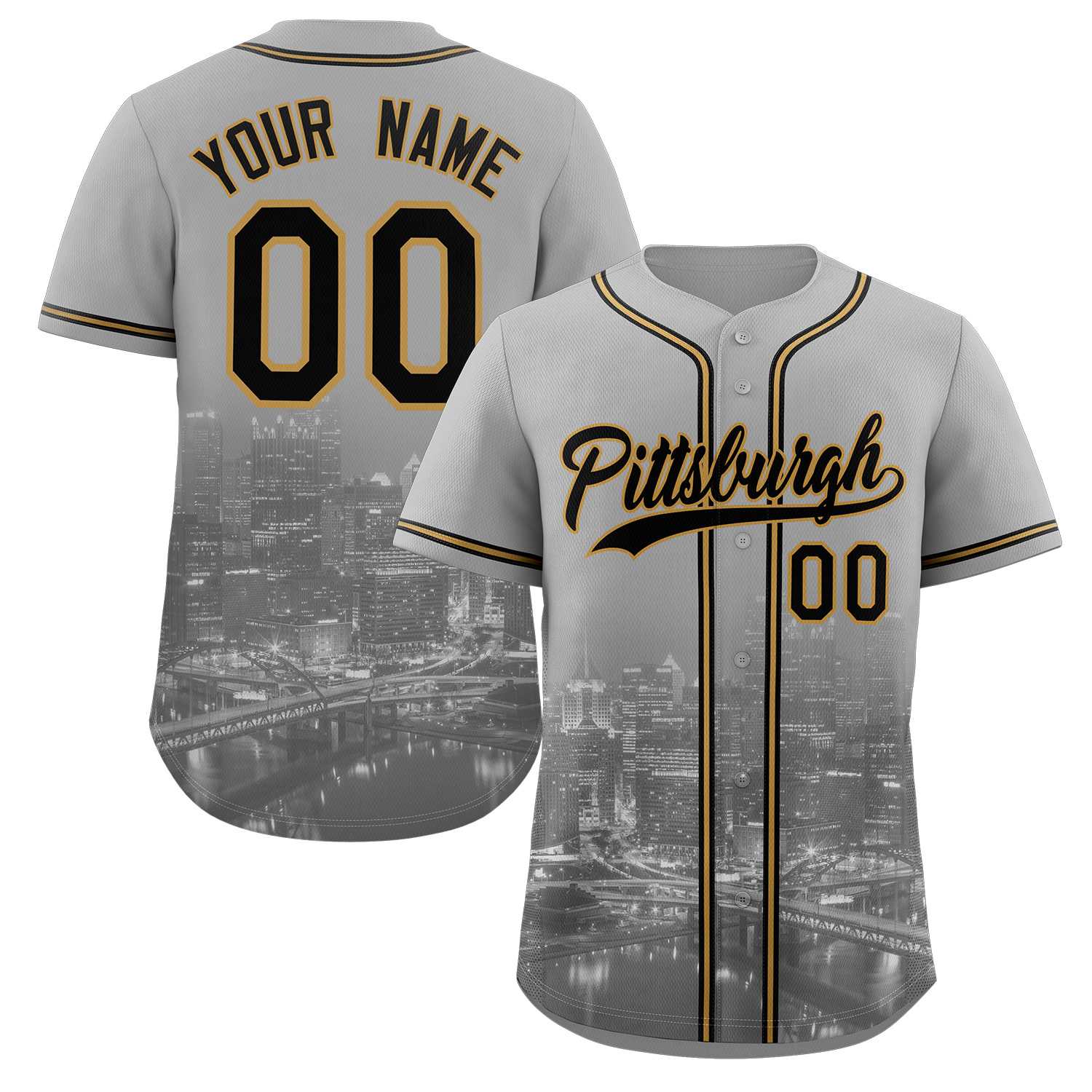 Maillot de baseball personnalisé gris noir-vieil or Pittsburgh City Connect