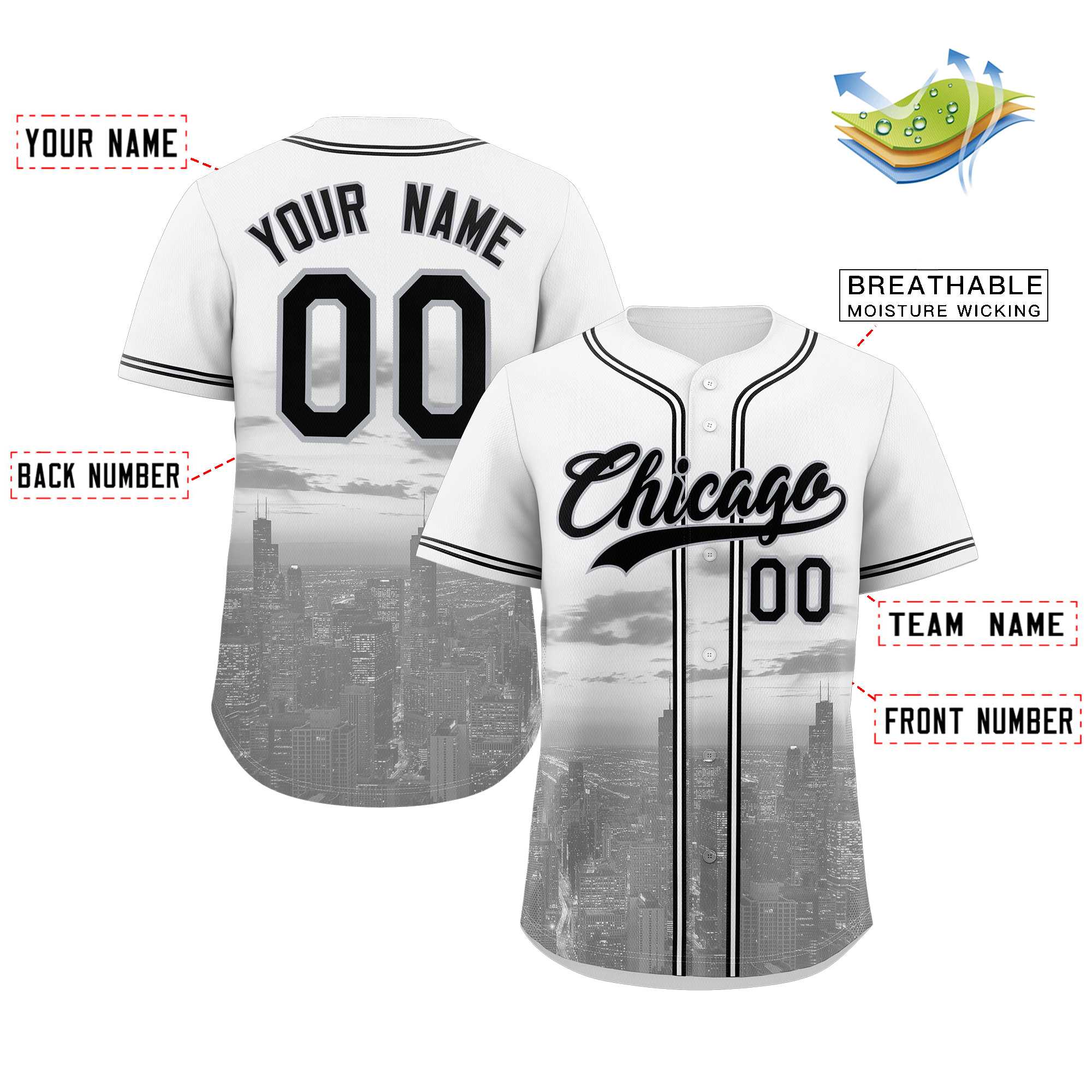 Maillot de baseball personnalisé blanc noir-gris Chicago City Connect