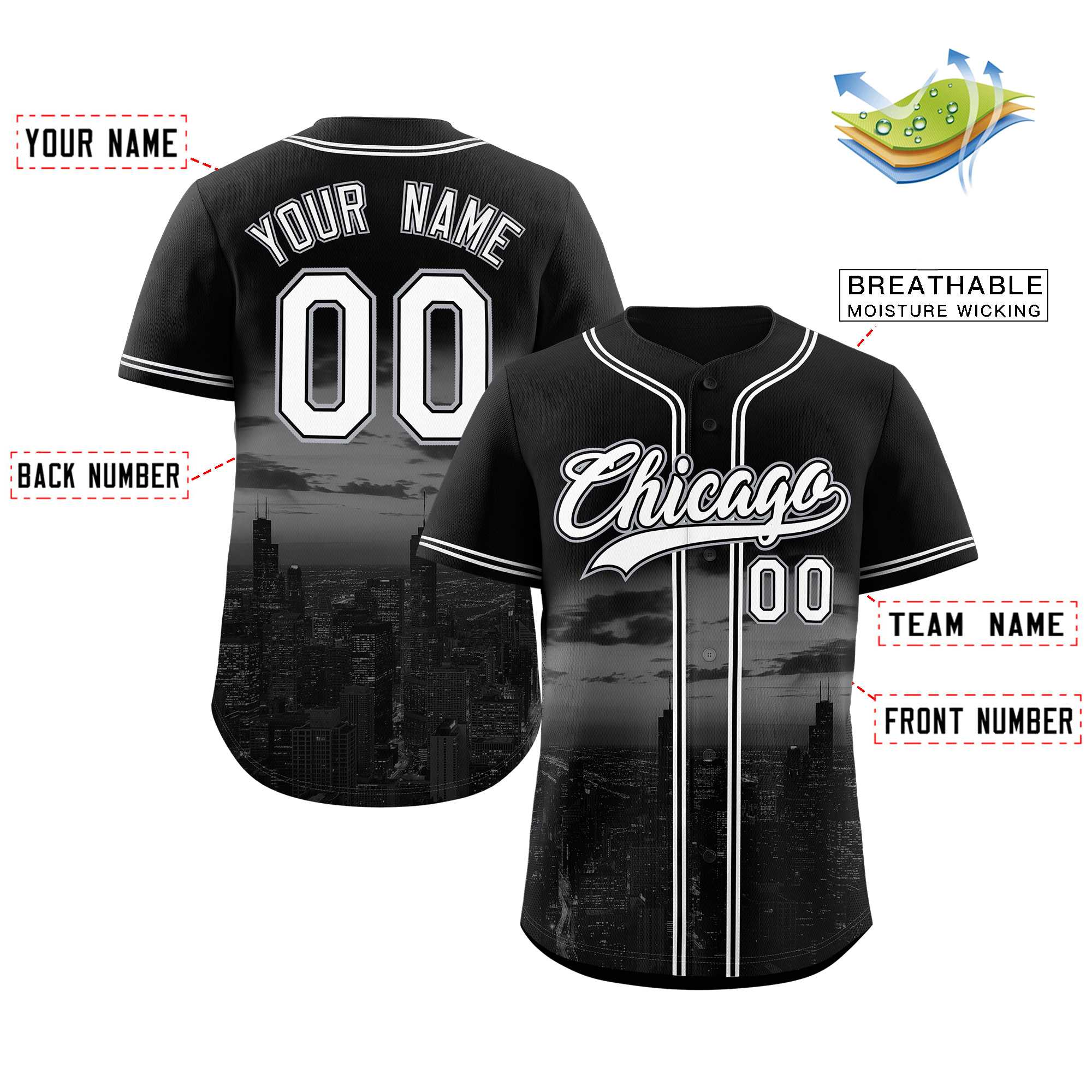 Custom Black White-Black Chicago City Connect Baseball Jersey