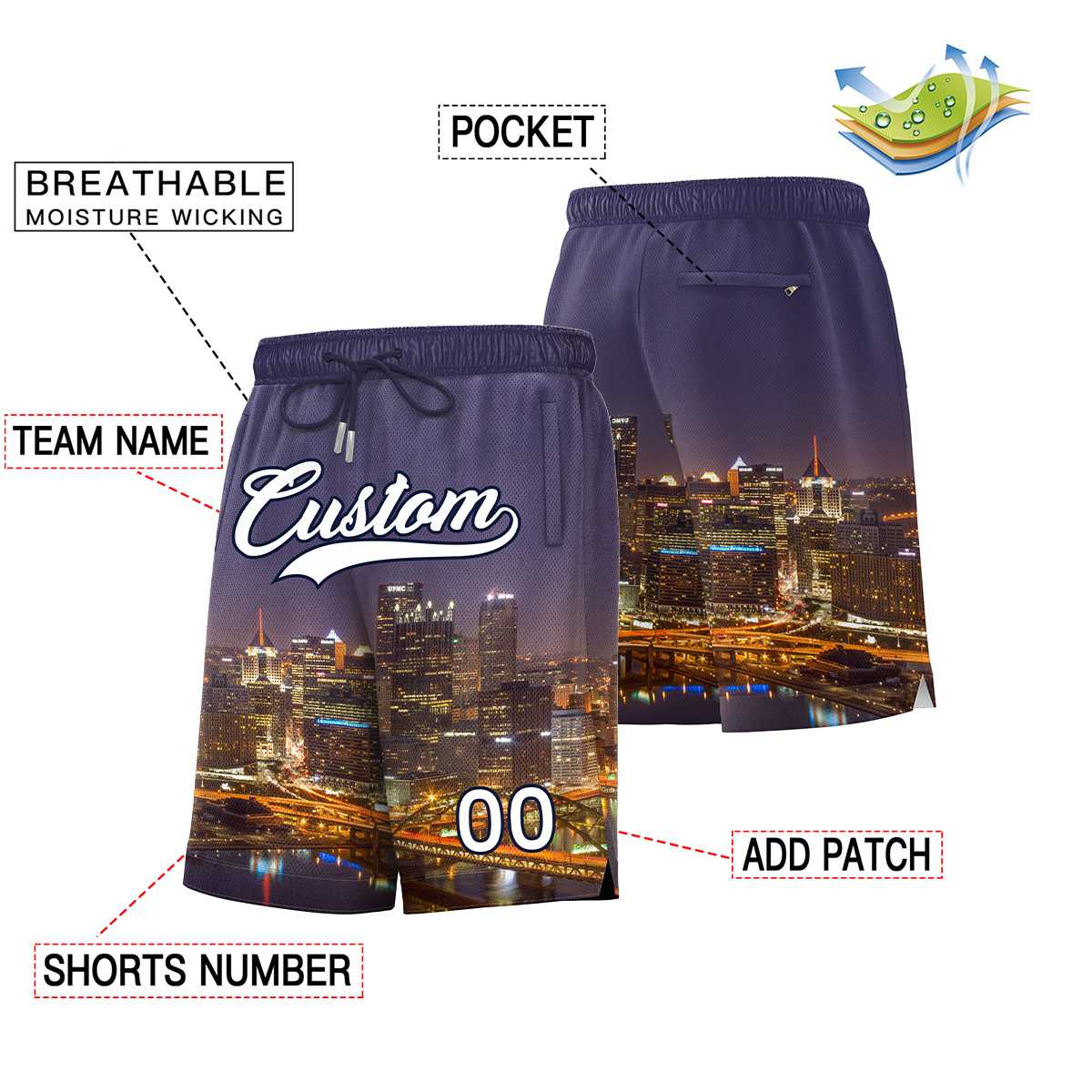 Custom Personalized Pittsburgh City Landscape Basketball Shorts