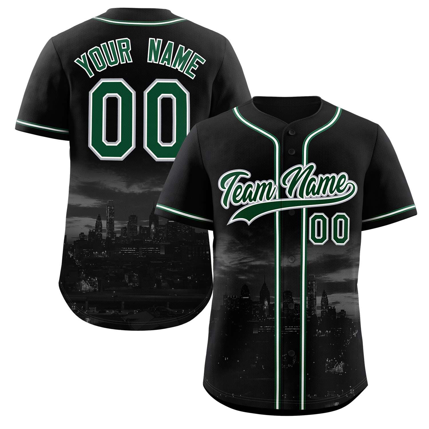 Maillot de baseball personnalisé noir vert-blanc Philadelphia City Connect