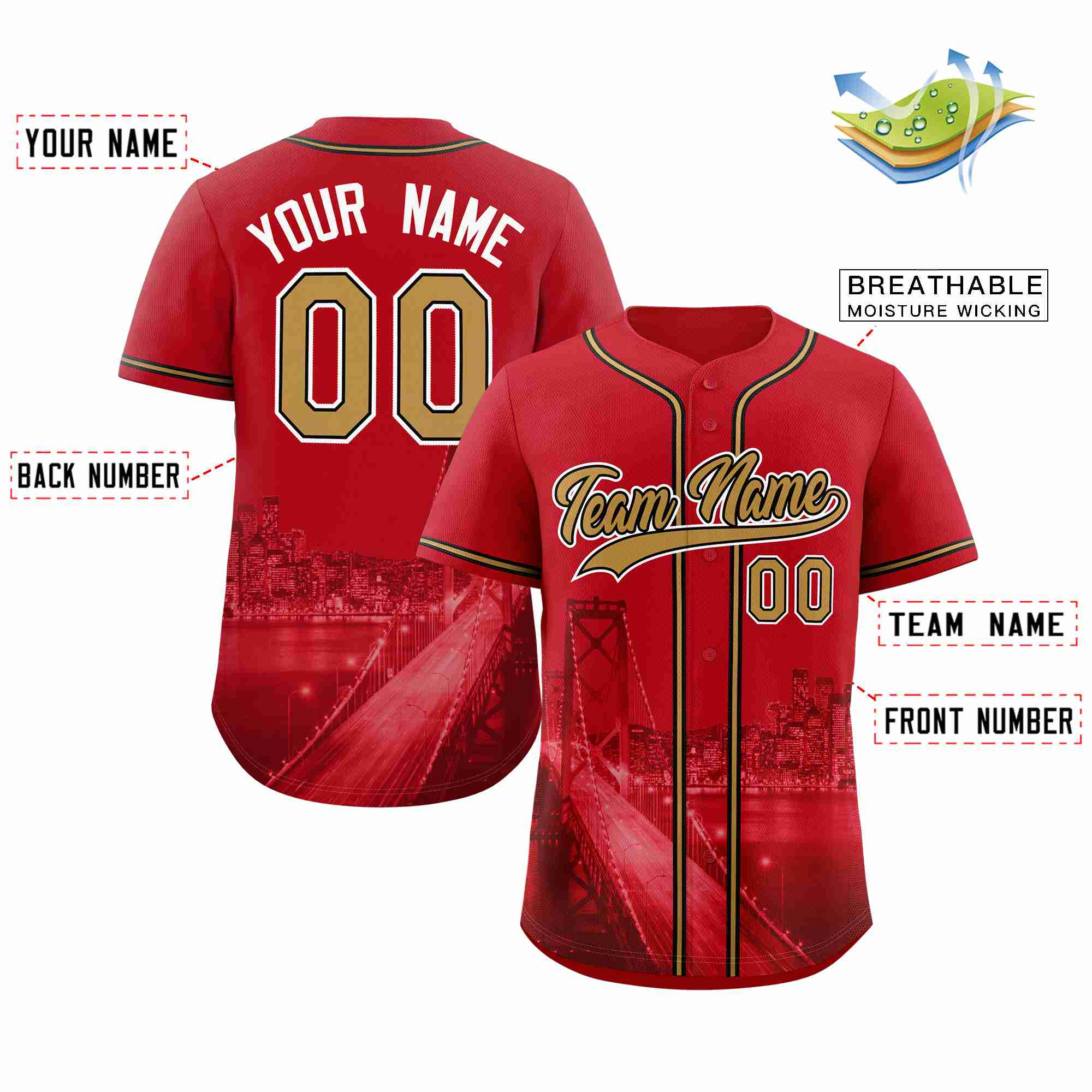 Custom Red Old Gold-Black San Francisco City Connect Baseball Jersey