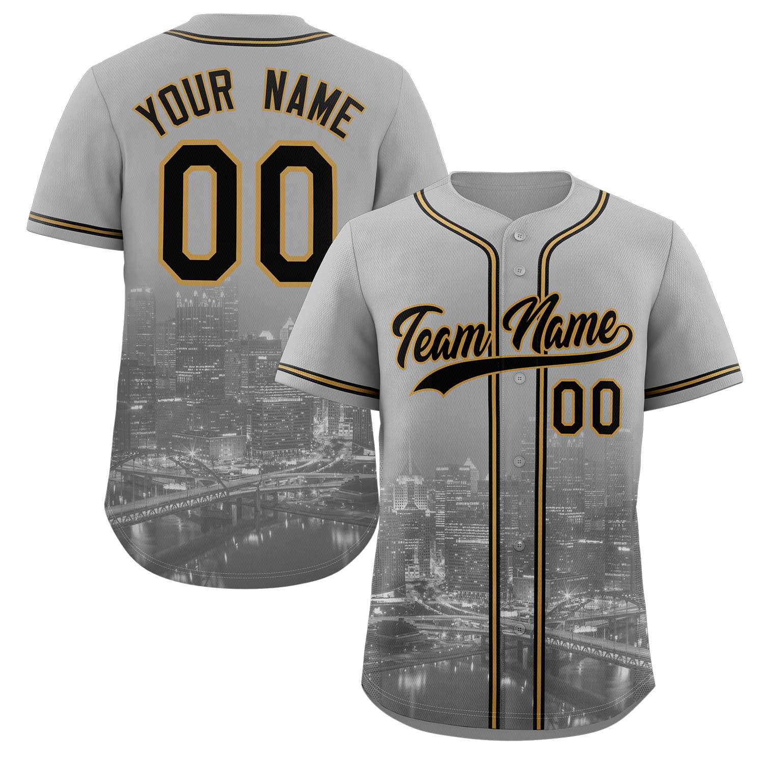 Maillot de baseball personnalisé gris noir-vieil or Pittsburgh City Connect