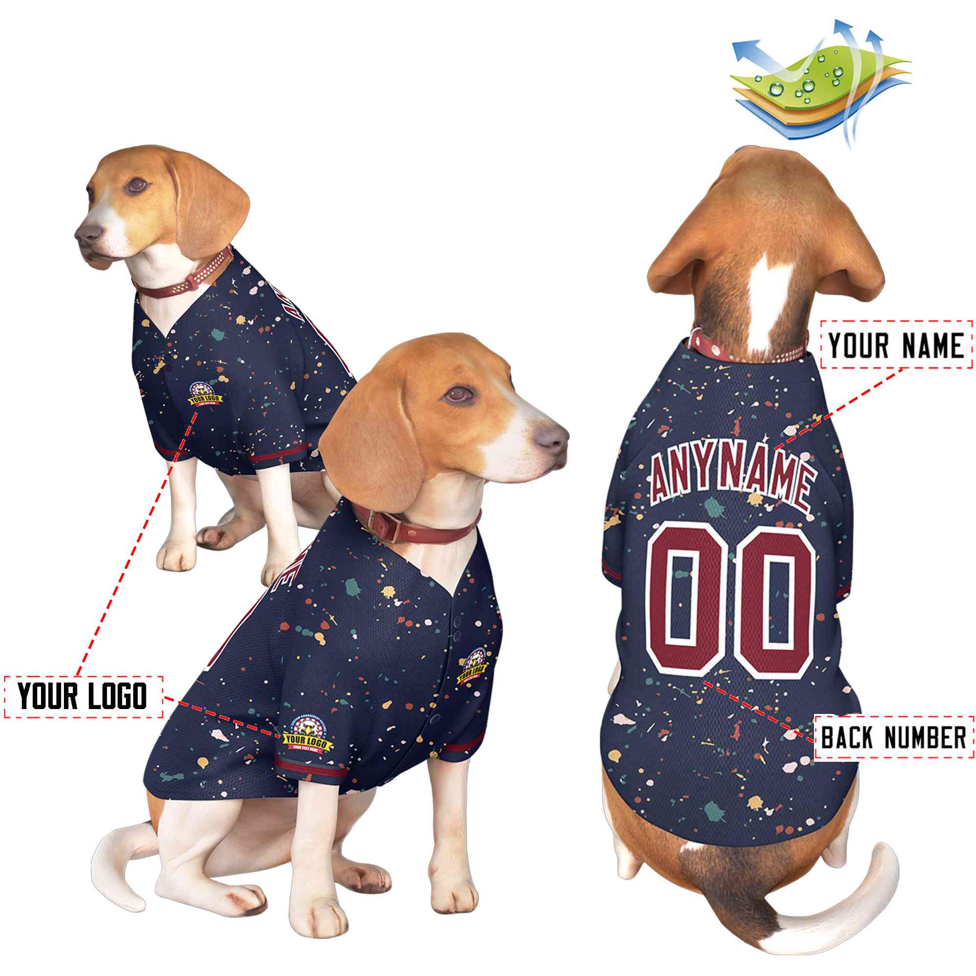 Maillot pour chien personnalisé à motif graffiti Splash marine cramoisi personnalisé