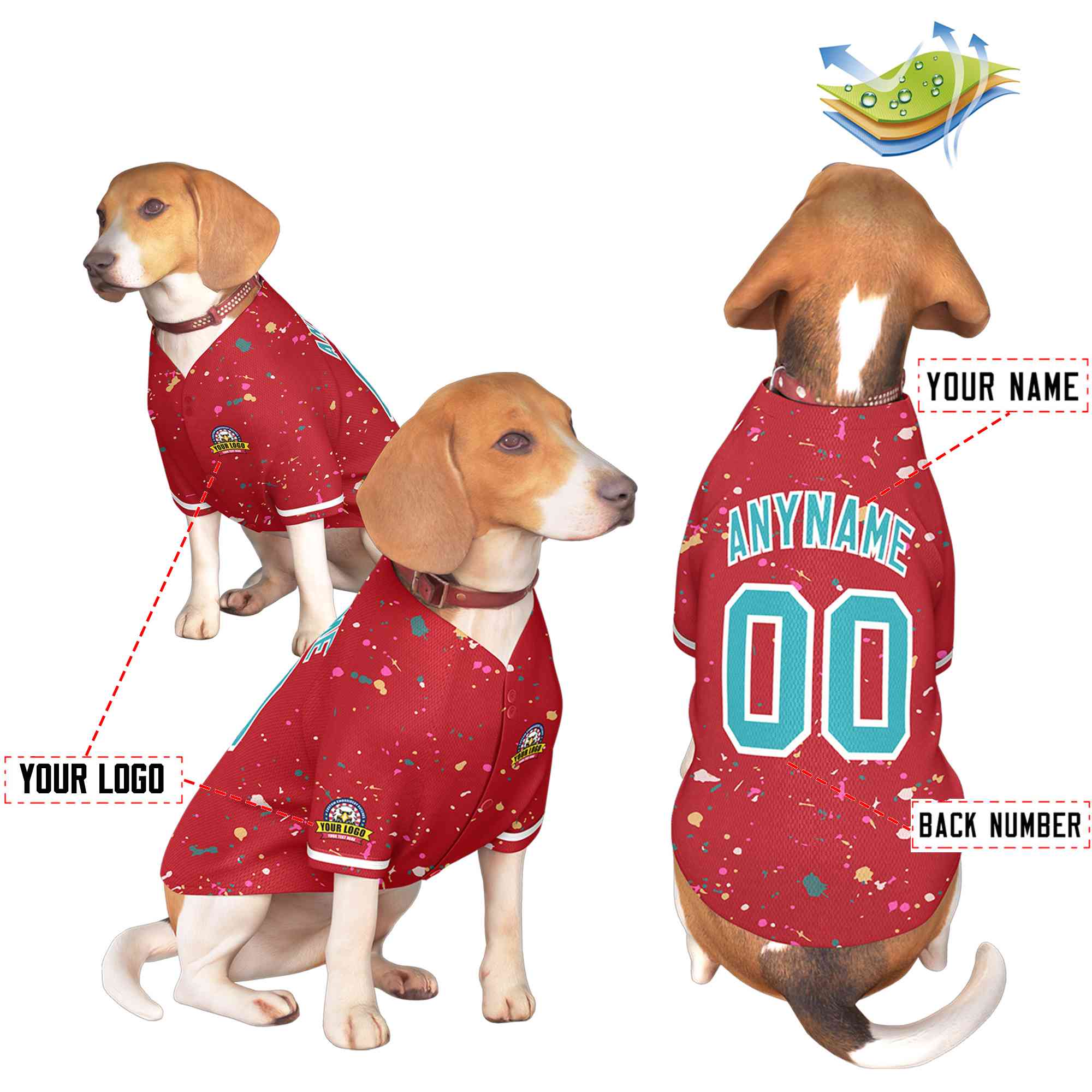 Maillot pour chien à motif de graffiti Splash personnalisé rouge Aqua personnalisé