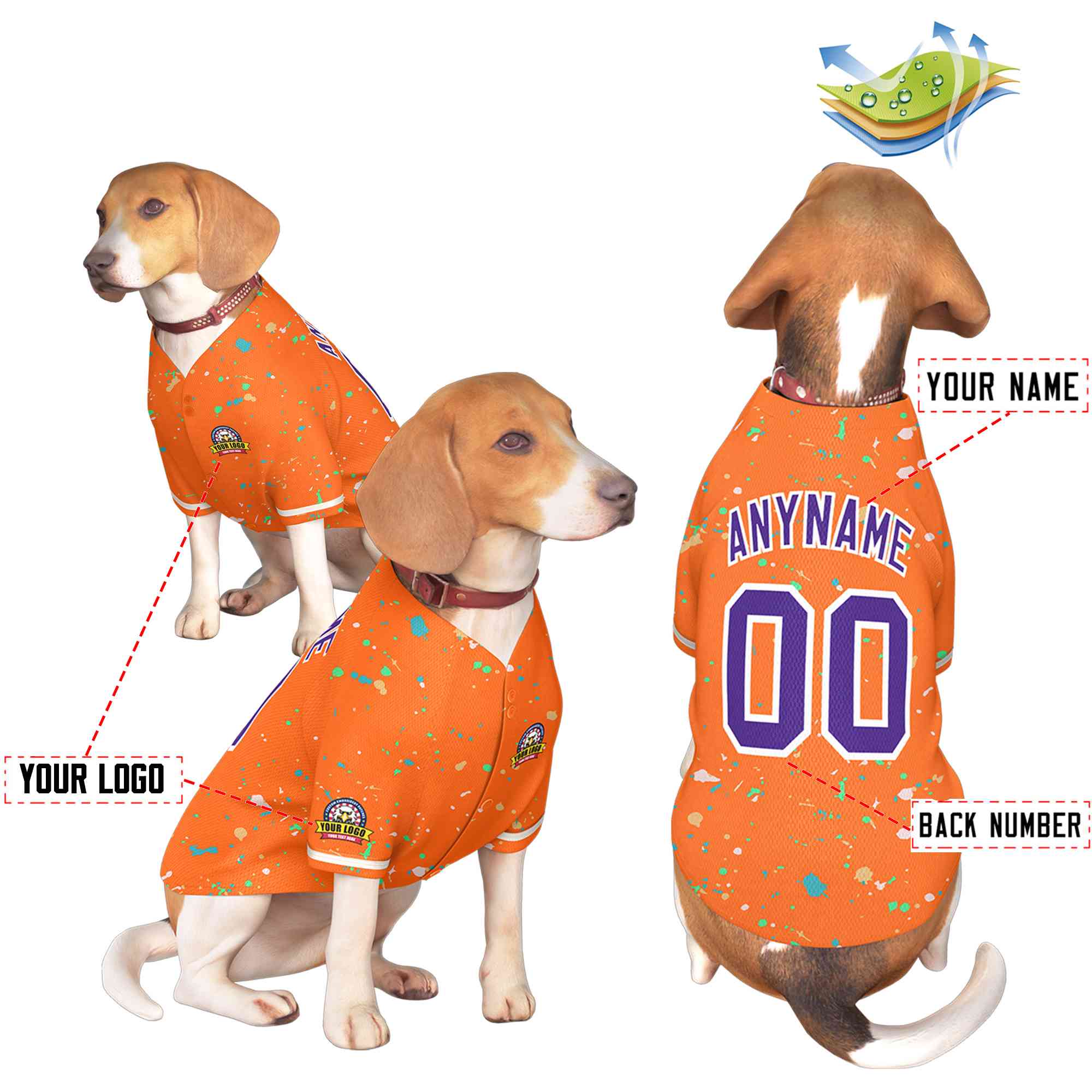 Maillot pour chien à motif de graffiti Splash personnalisé orange violet personnalisé