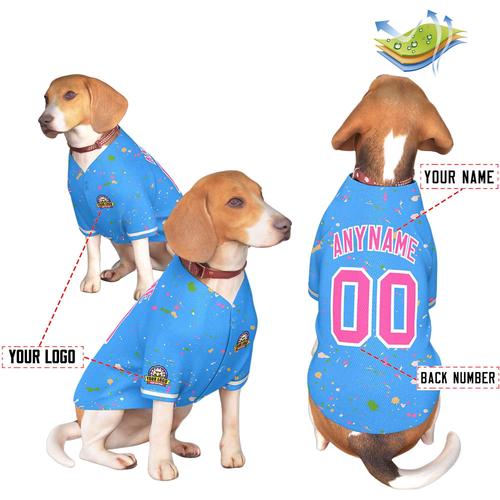 Maillot pour chien à motif graffiti Splash personnalisé, bleu poudre rose personnalisé