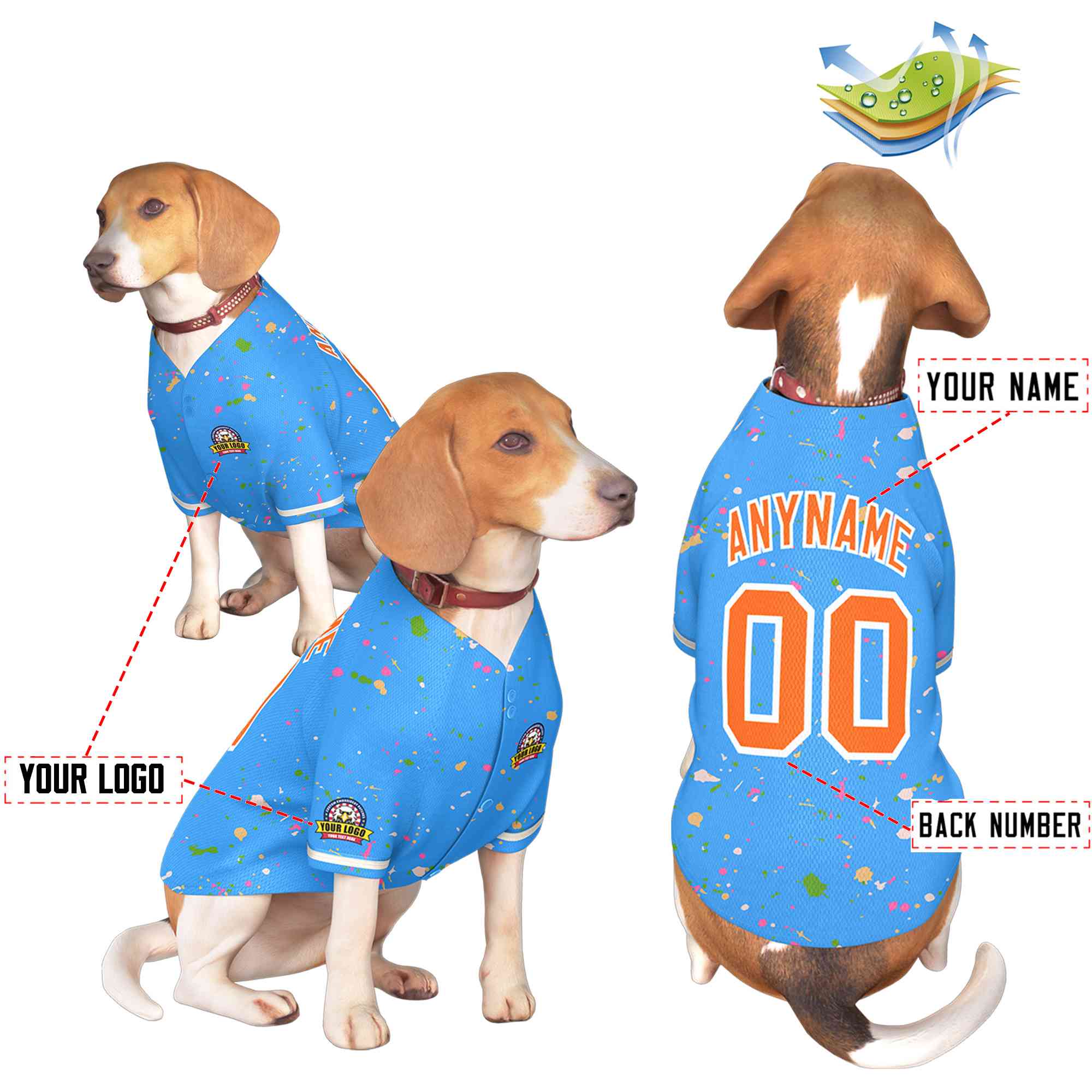 Maillot pour chien à motif de graffiti Splash personnalisé bleu poudre orange personnalisé