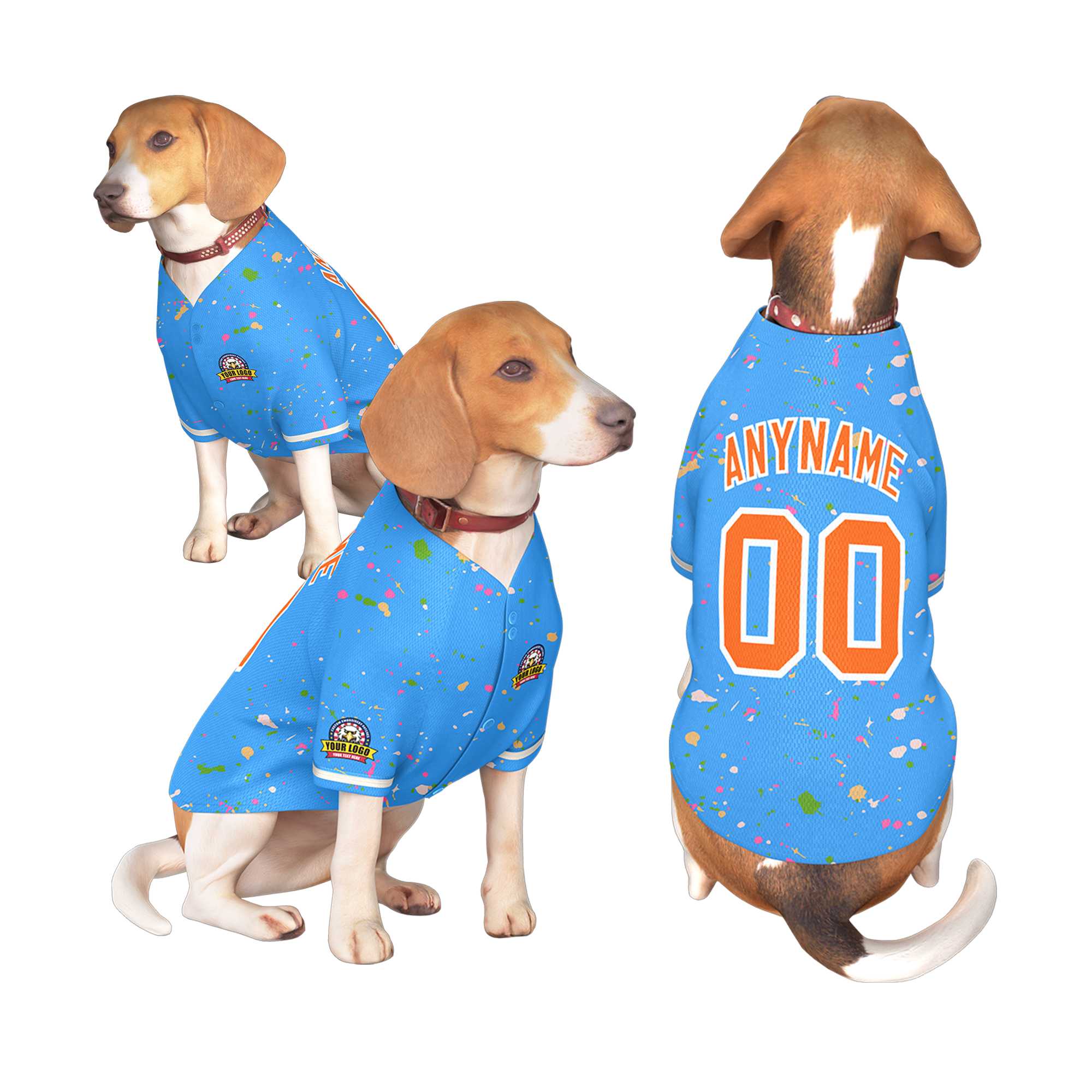 Maillot pour chien à motif de graffiti Splash personnalisé bleu poudre orange personnalisé