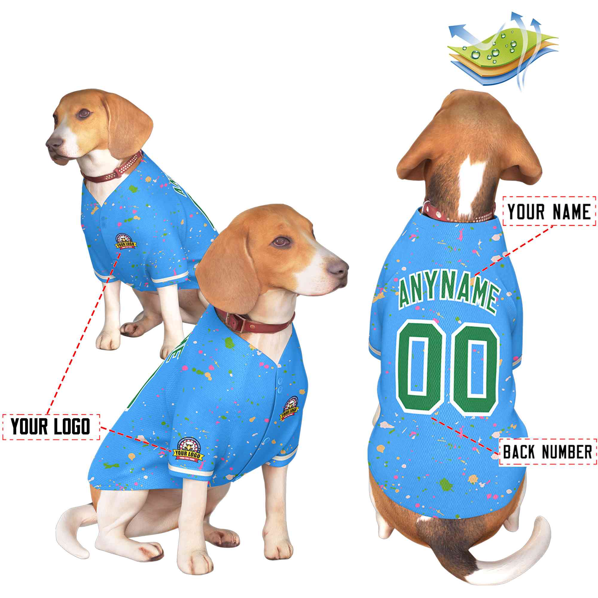 Maillot pour chien à motif graffiti Splash personnalisé, bleu poudre personnalisé, vert Kelly