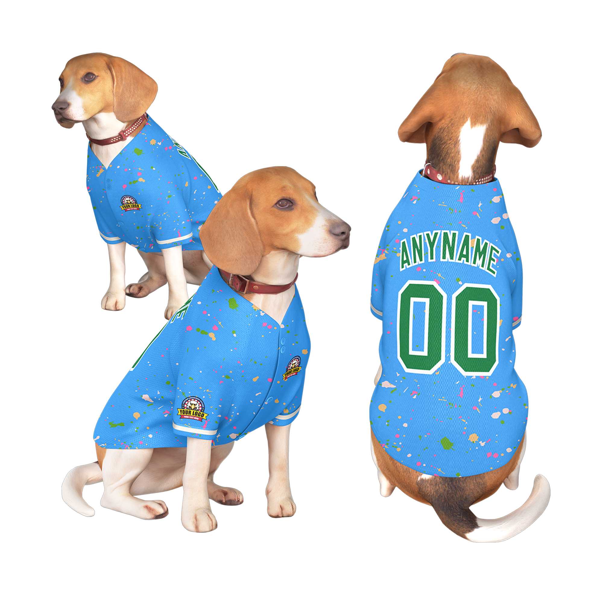 Maillot pour chien à motif graffiti Splash personnalisé, bleu poudre personnalisé, vert Kelly