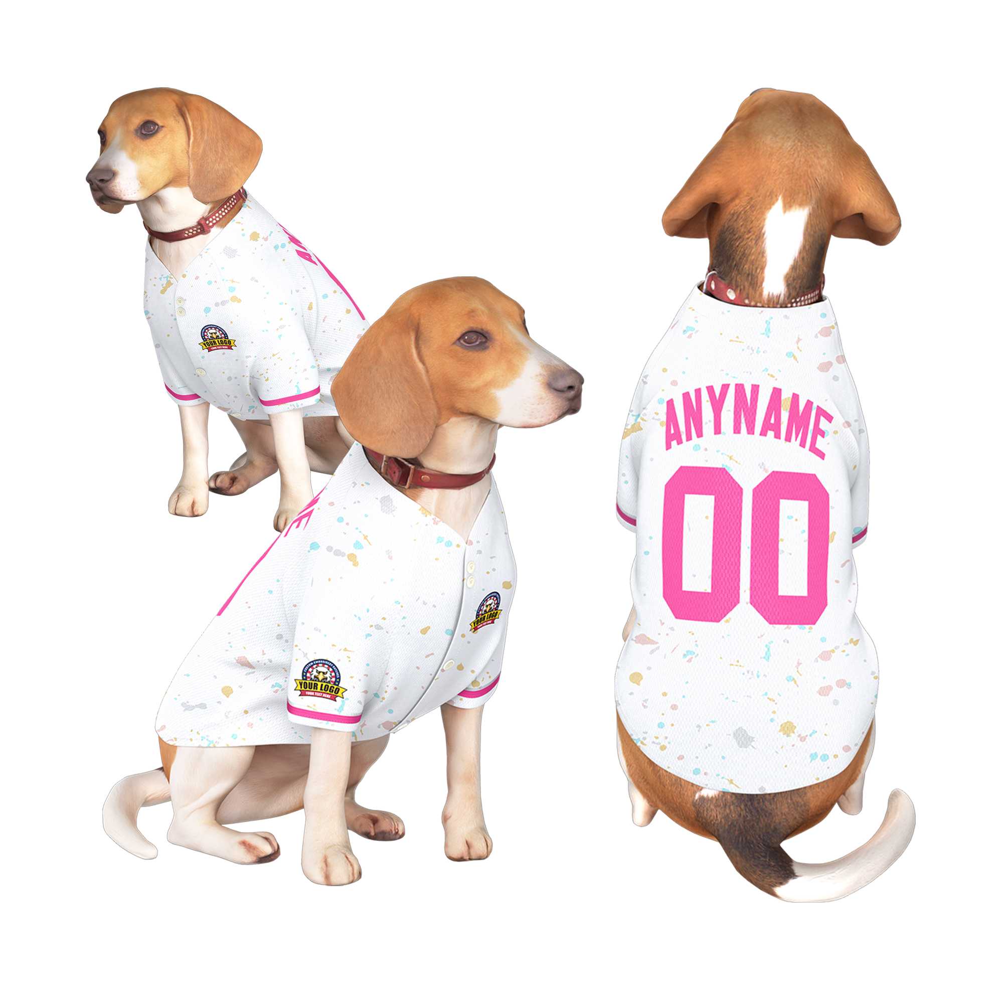 Maillot pour chien à motif de graffiti Splash personnalisé, blanc et rose, personnalisé