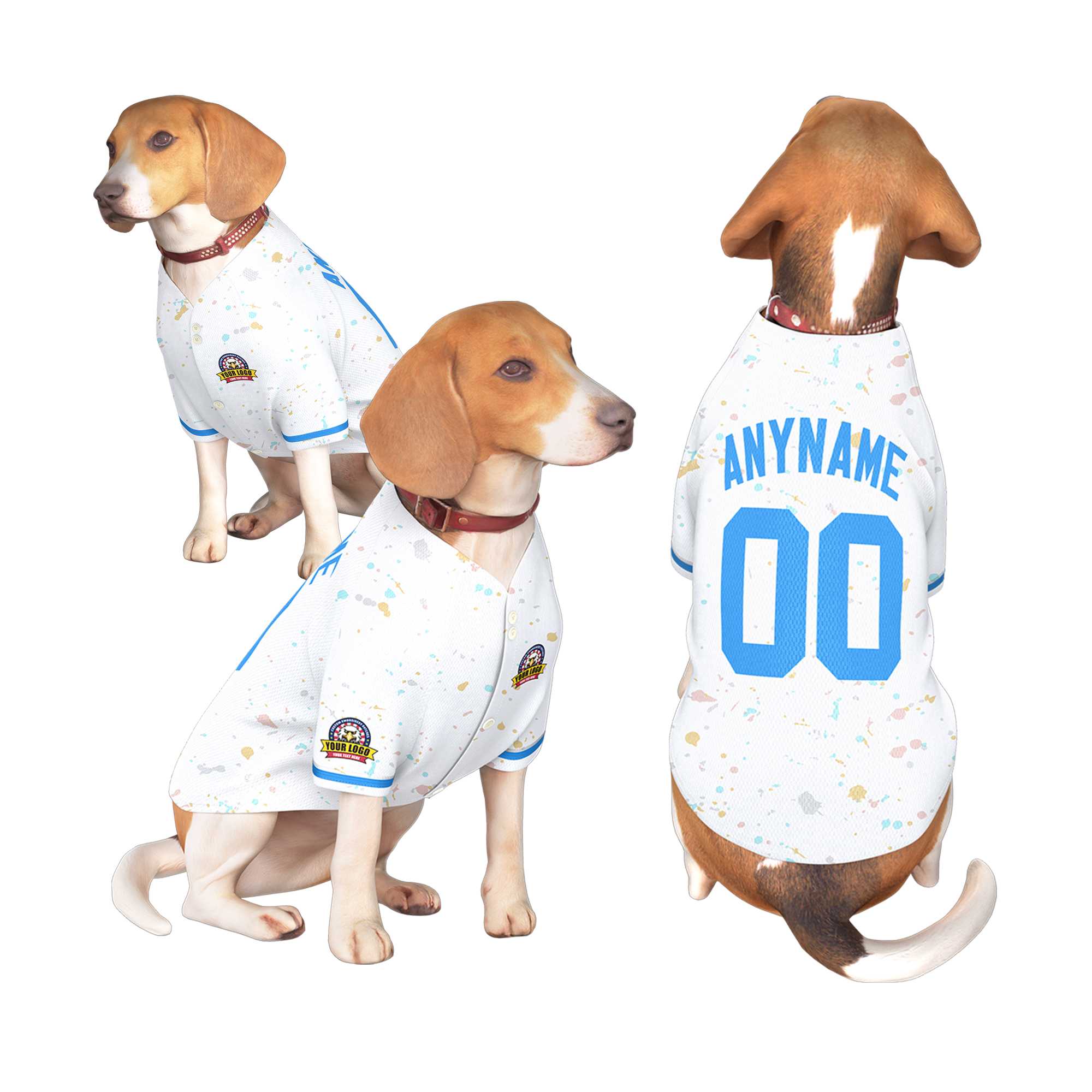 Maillot pour chien à motif de graffiti Splash personnalisé blanc poudre bleu personnalisé