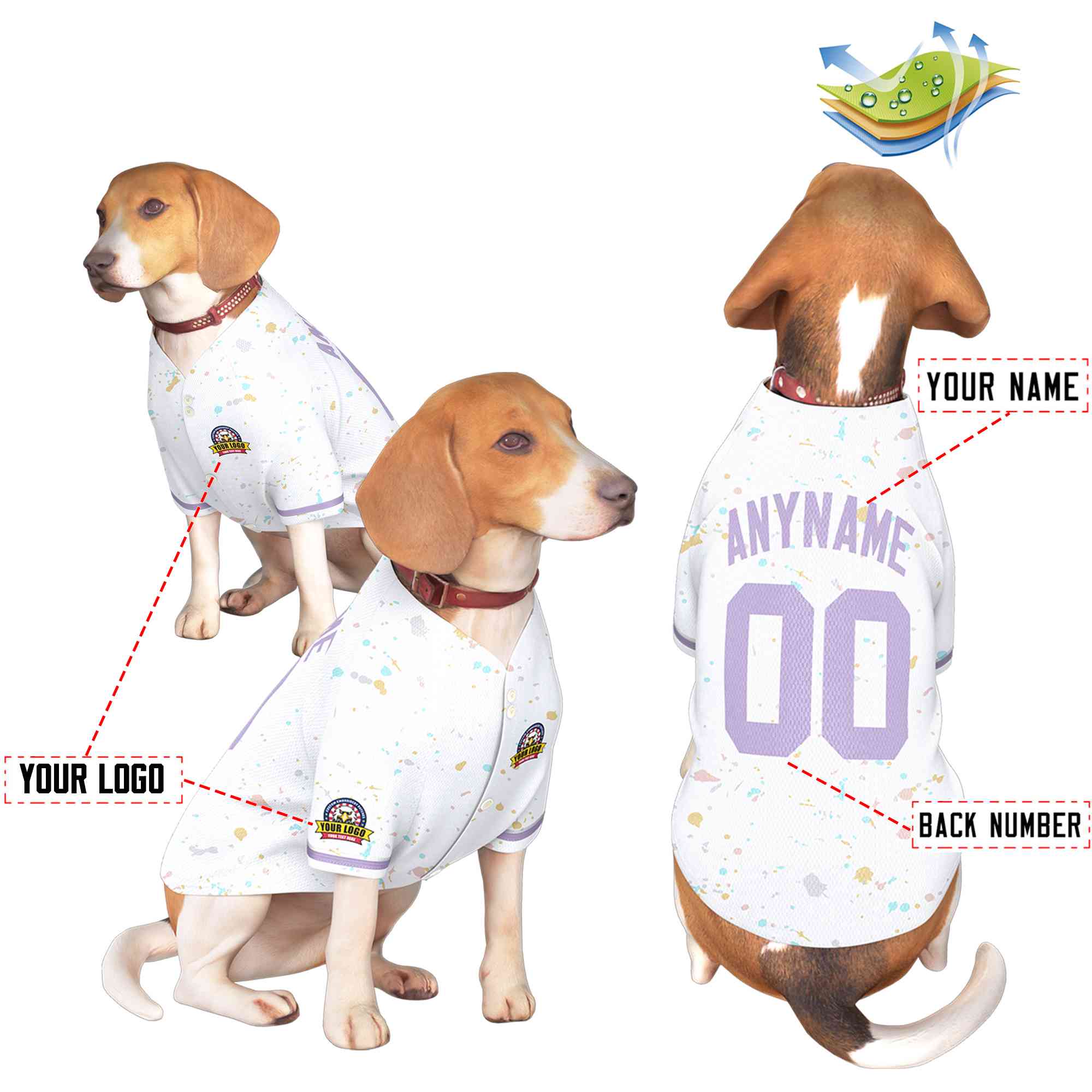 Maillot pour chien à motif graffiti Splash personnalisé, blanc, violet clair, personnalisé