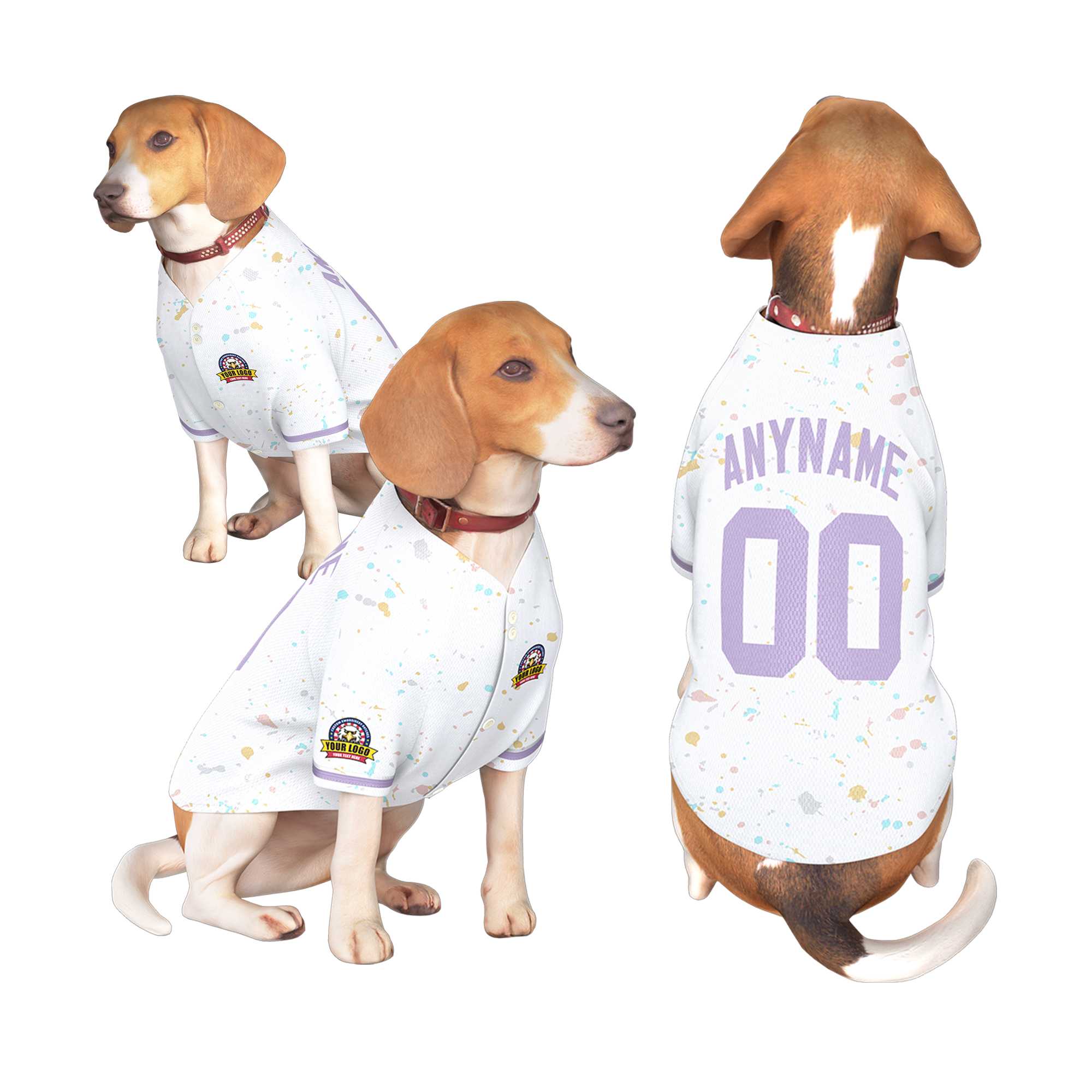 Maillot pour chien à motif graffiti Splash personnalisé, blanc, violet clair, personnalisé