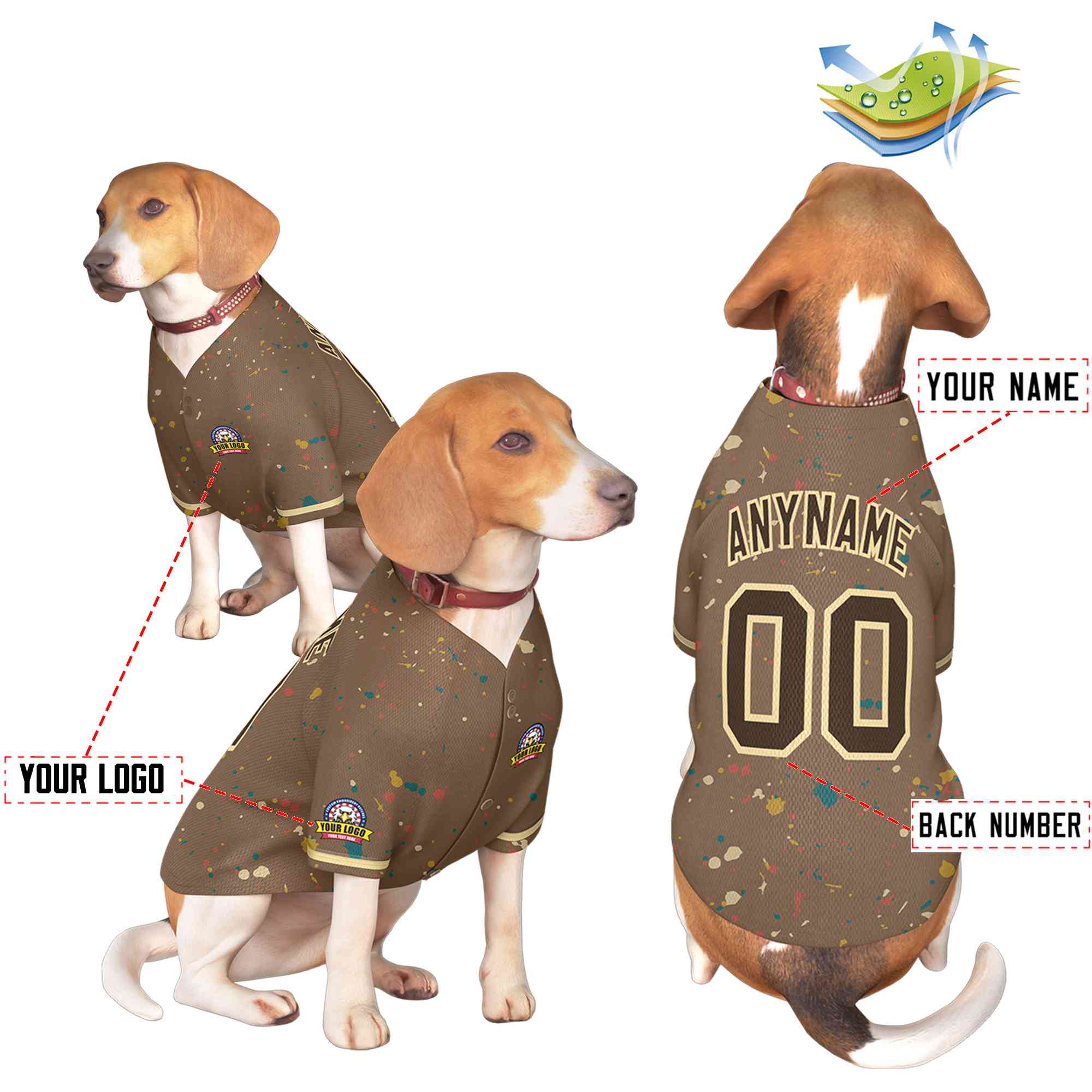 Maillot pour chien à motif graffiti Splash personnalisé, marron clair, personnalisé