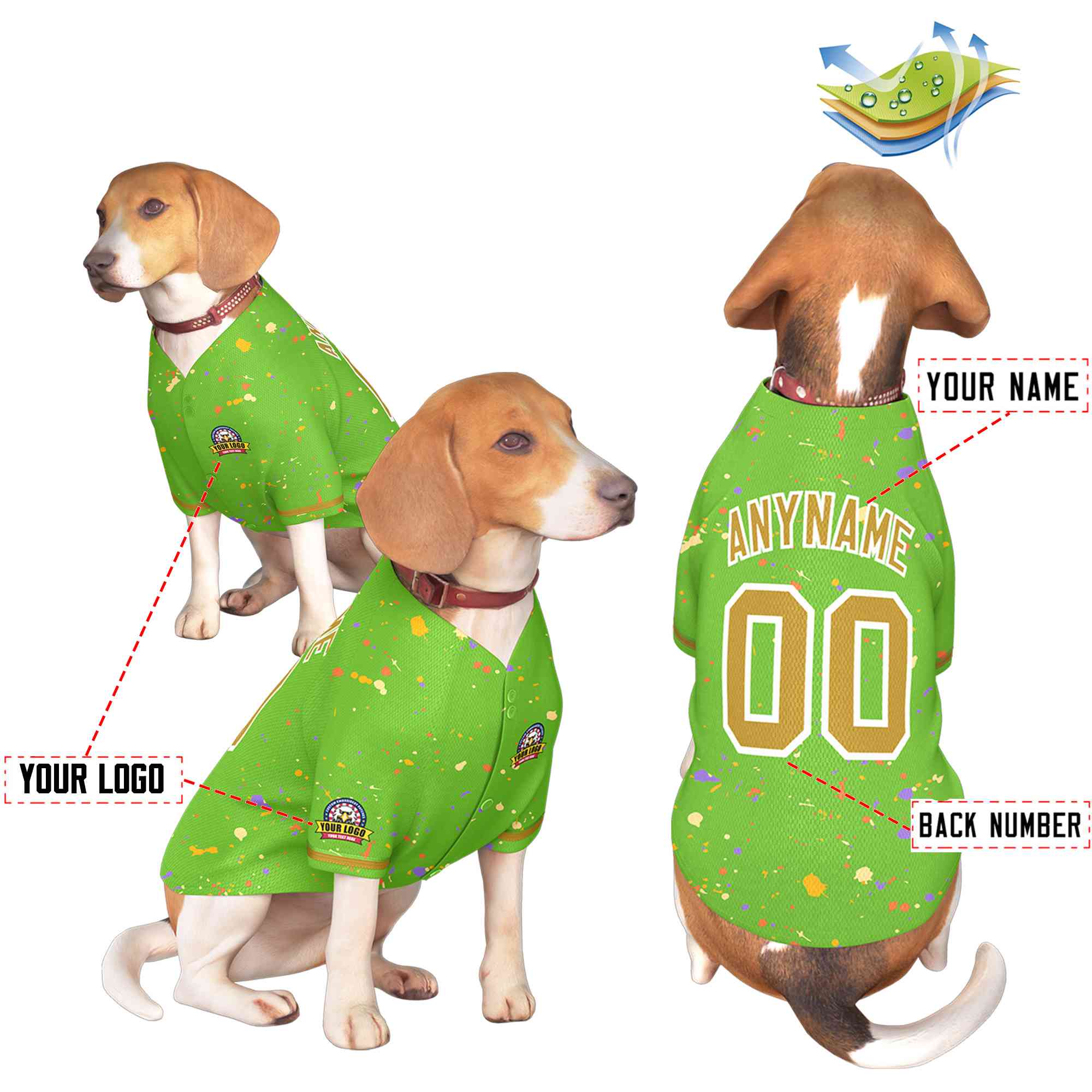 Maillot pour chien à motif de graffiti Splash personnalisé vert vieil or personnalisé