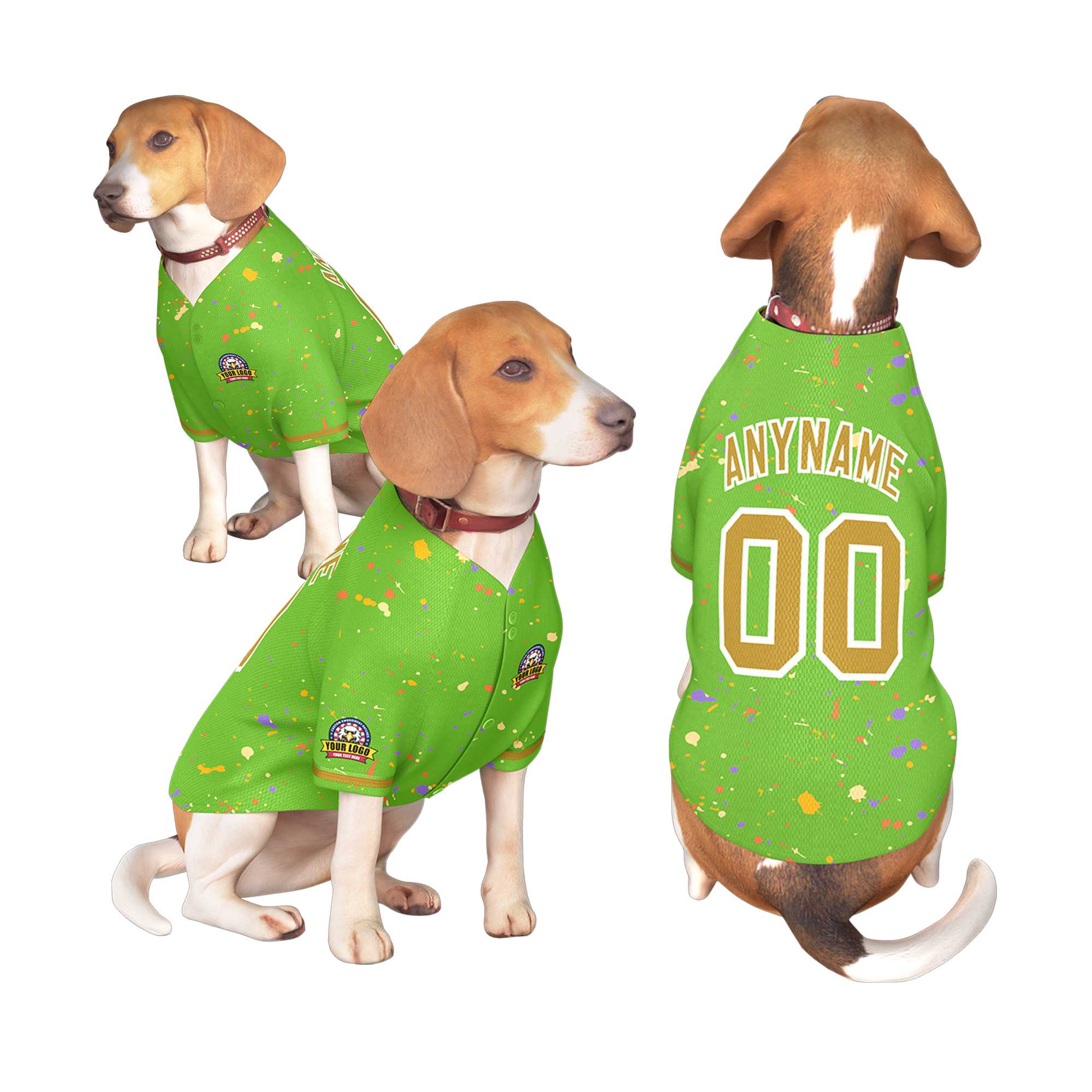 Maillot pour chien à motif de graffiti Splash personnalisé vert vieil or personnalisé