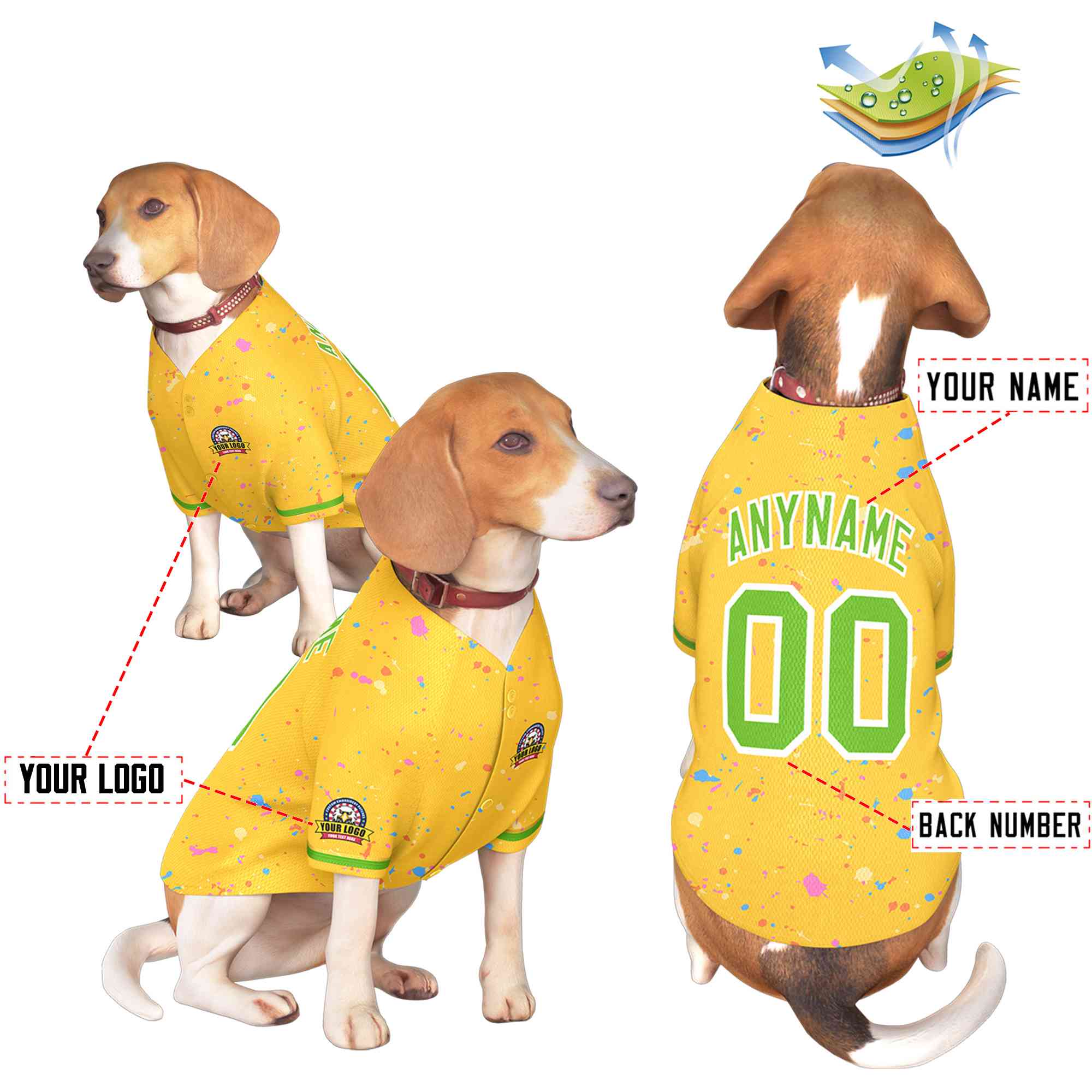 Maillot pour chien à motif de graffiti Splash personnalisé vert or personnalisé