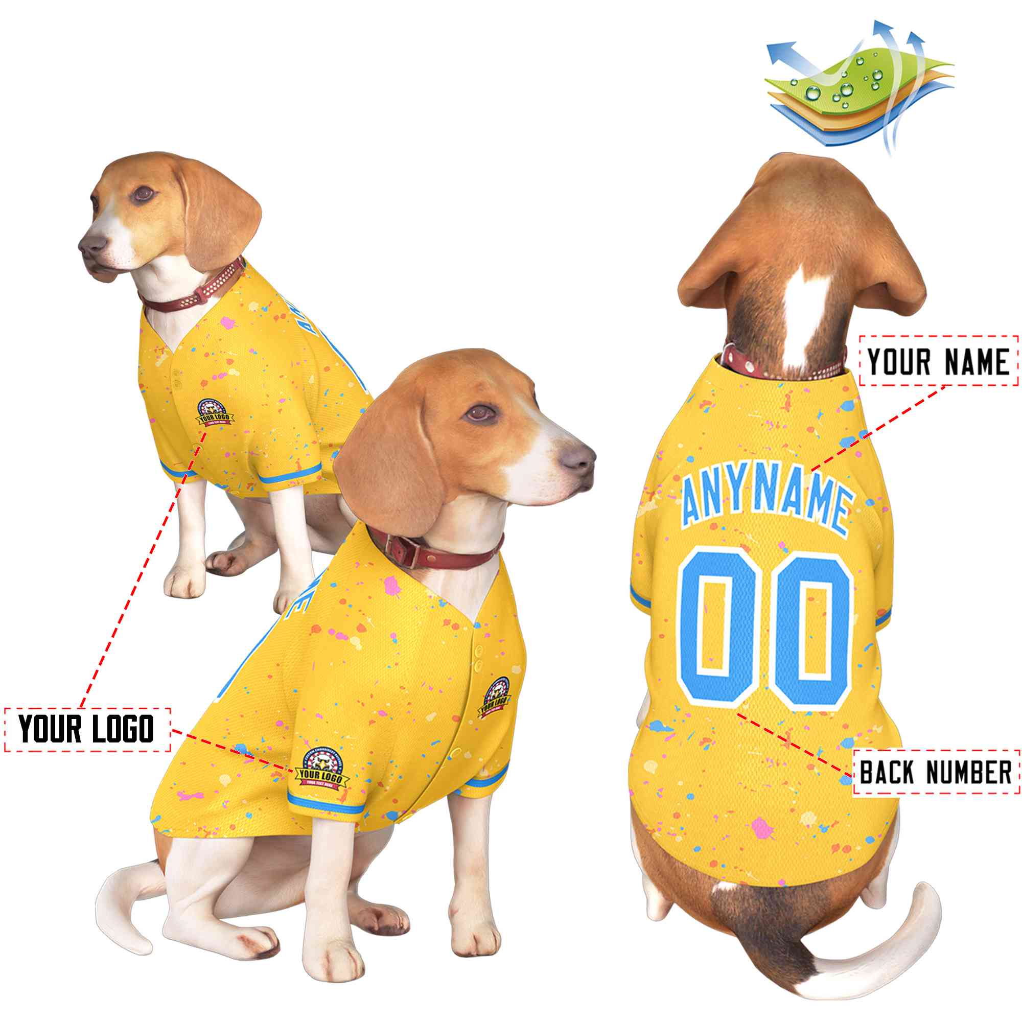 Maillot pour chien à motif de graffiti Splash personnalisé, bleu poudre d'or personnalisé