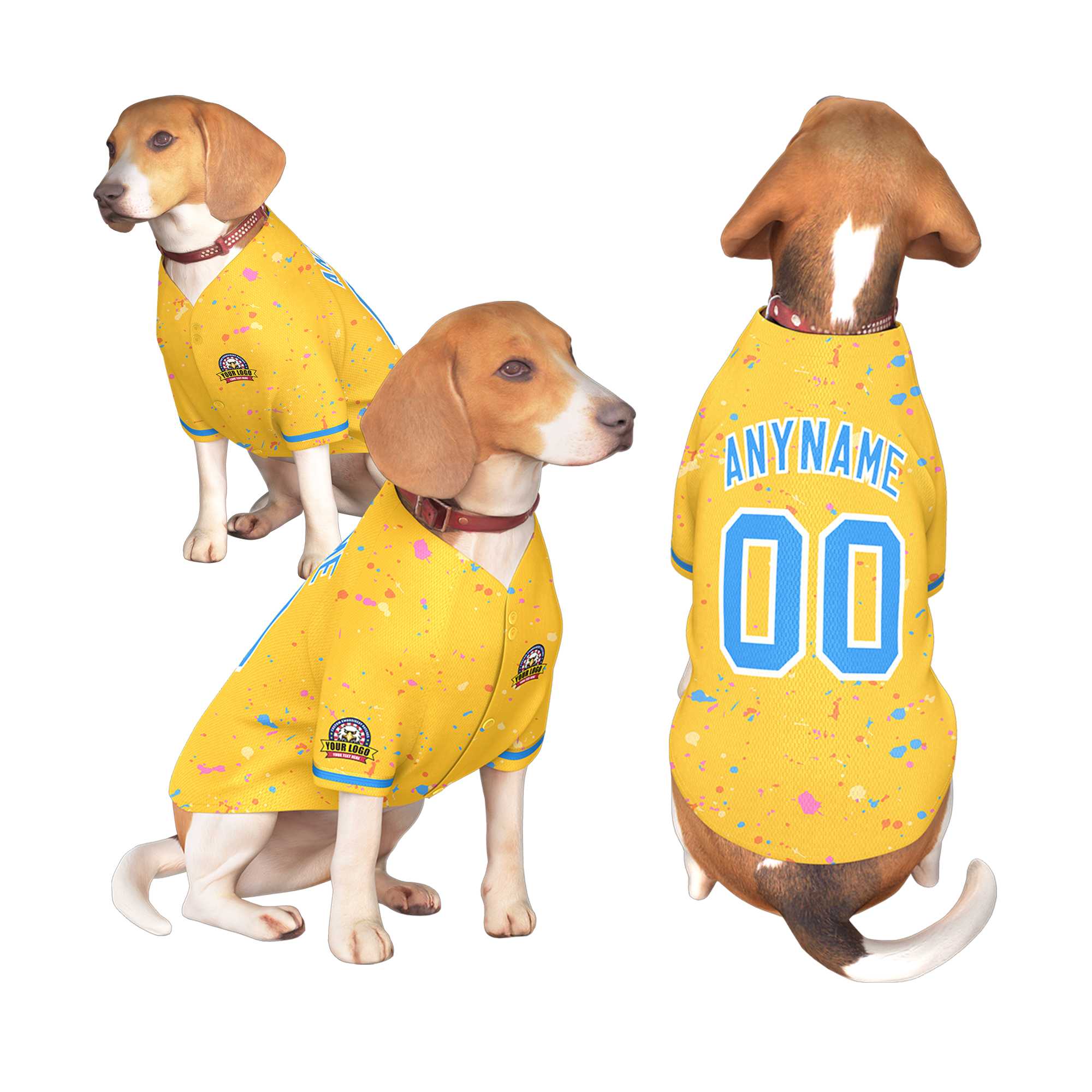 Maillot pour chien à motif de graffiti Splash personnalisé, bleu poudre d'or personnalisé