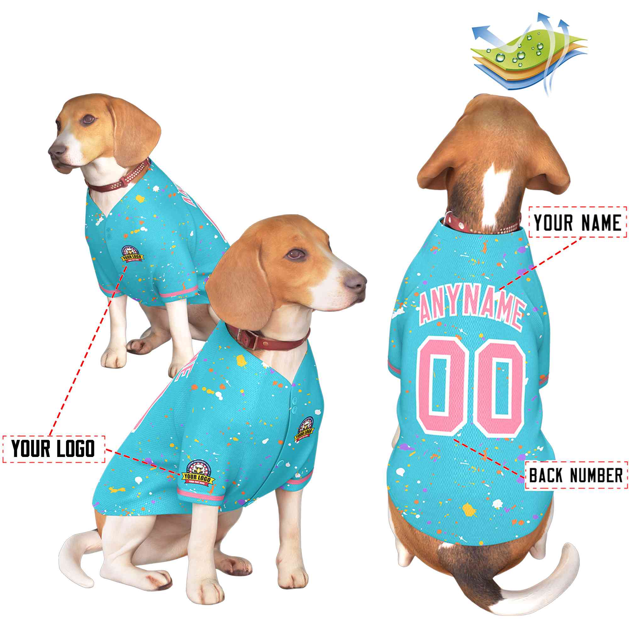 Maillot pour chien personnalisé, bleu ciel, rose clair, motif Splash Graffiti personnalisé