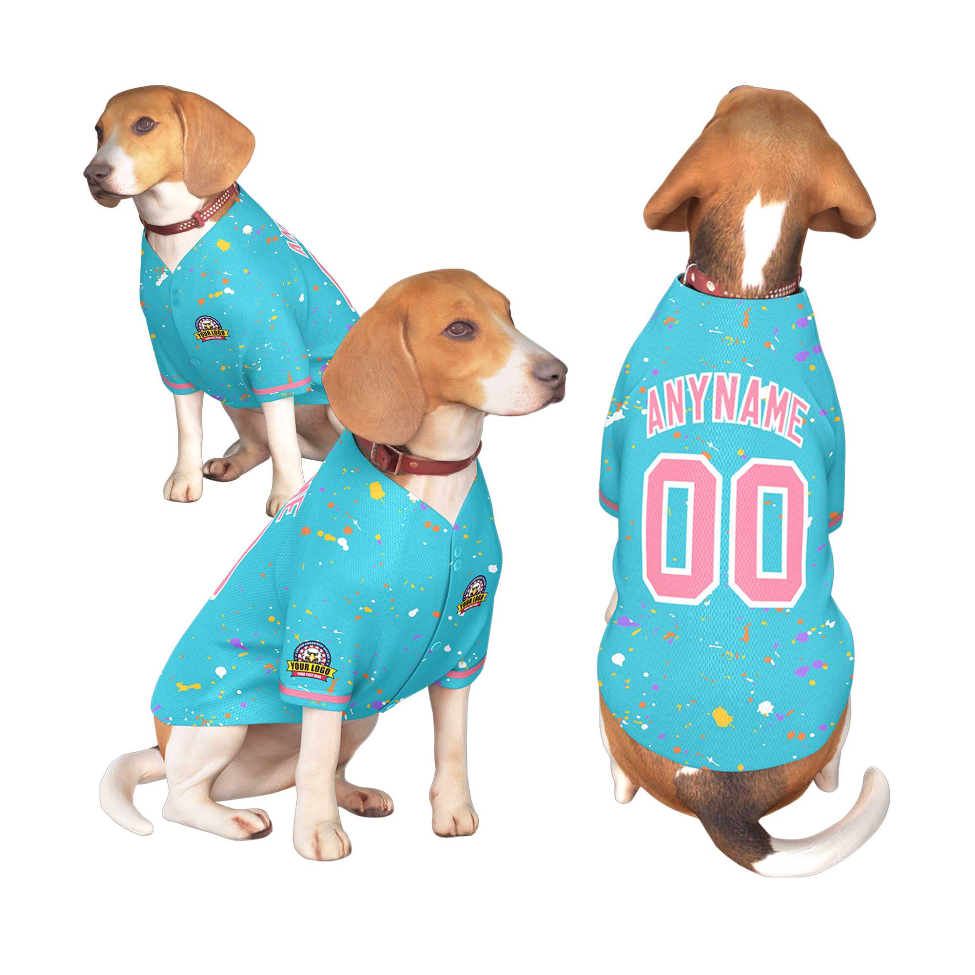 Maillot pour chien personnalisé, bleu ciel, rose clair, motif Splash Graffiti personnalisé